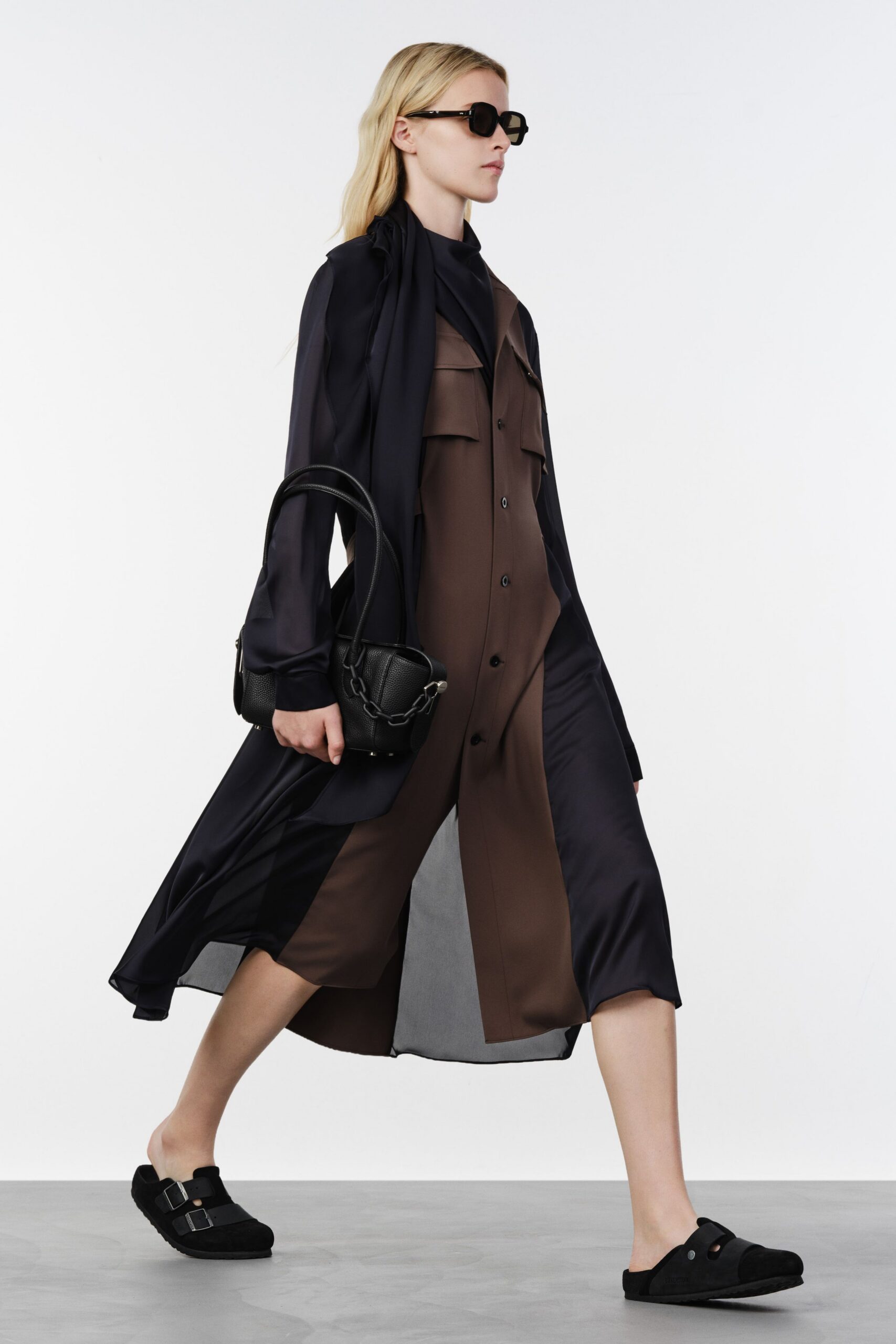 black silk long-sleeve collared relaxed buttoned layered dress