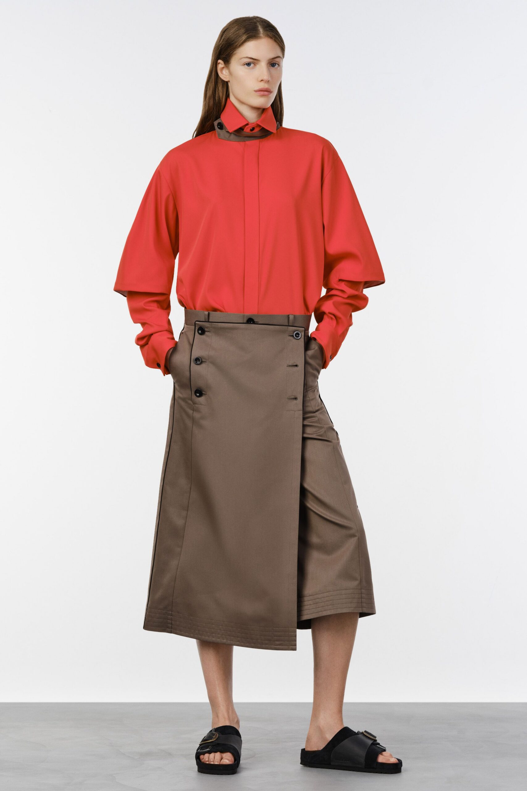 red cotton long-sleeve collared oversized shirt