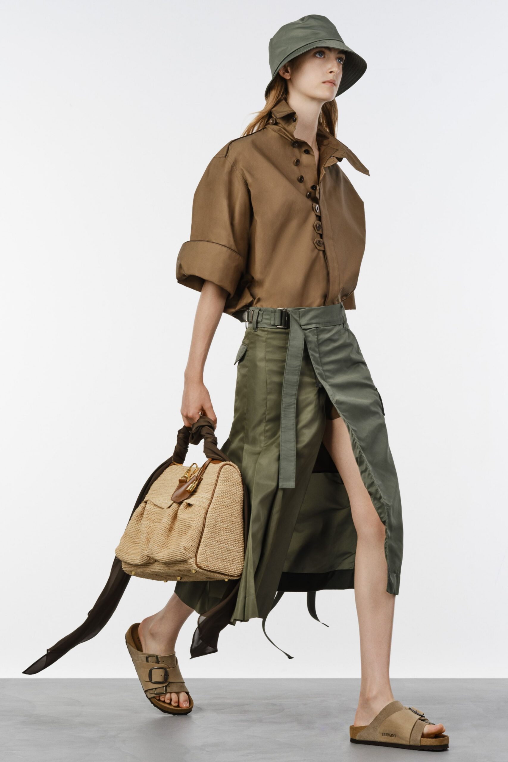 green silk slit fitted high-waisted layered skirt