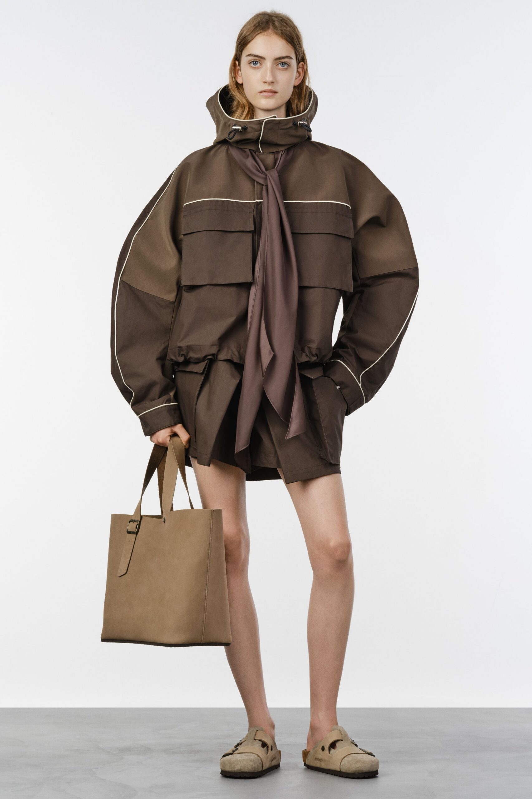 brown cotton long-sleeve hooded oversized zippered jacket