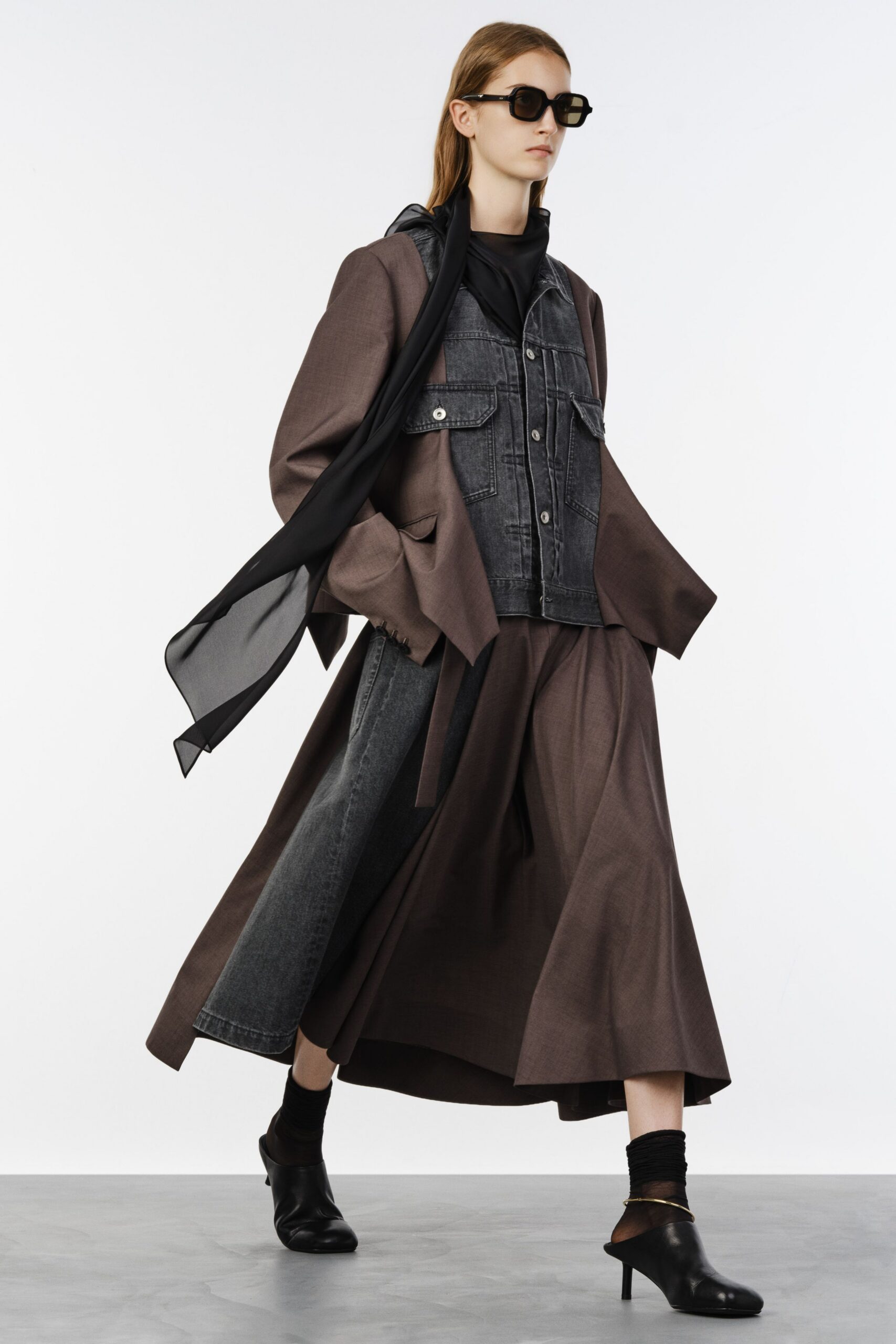 brown wool long-sleeve collared relaxed layered coat