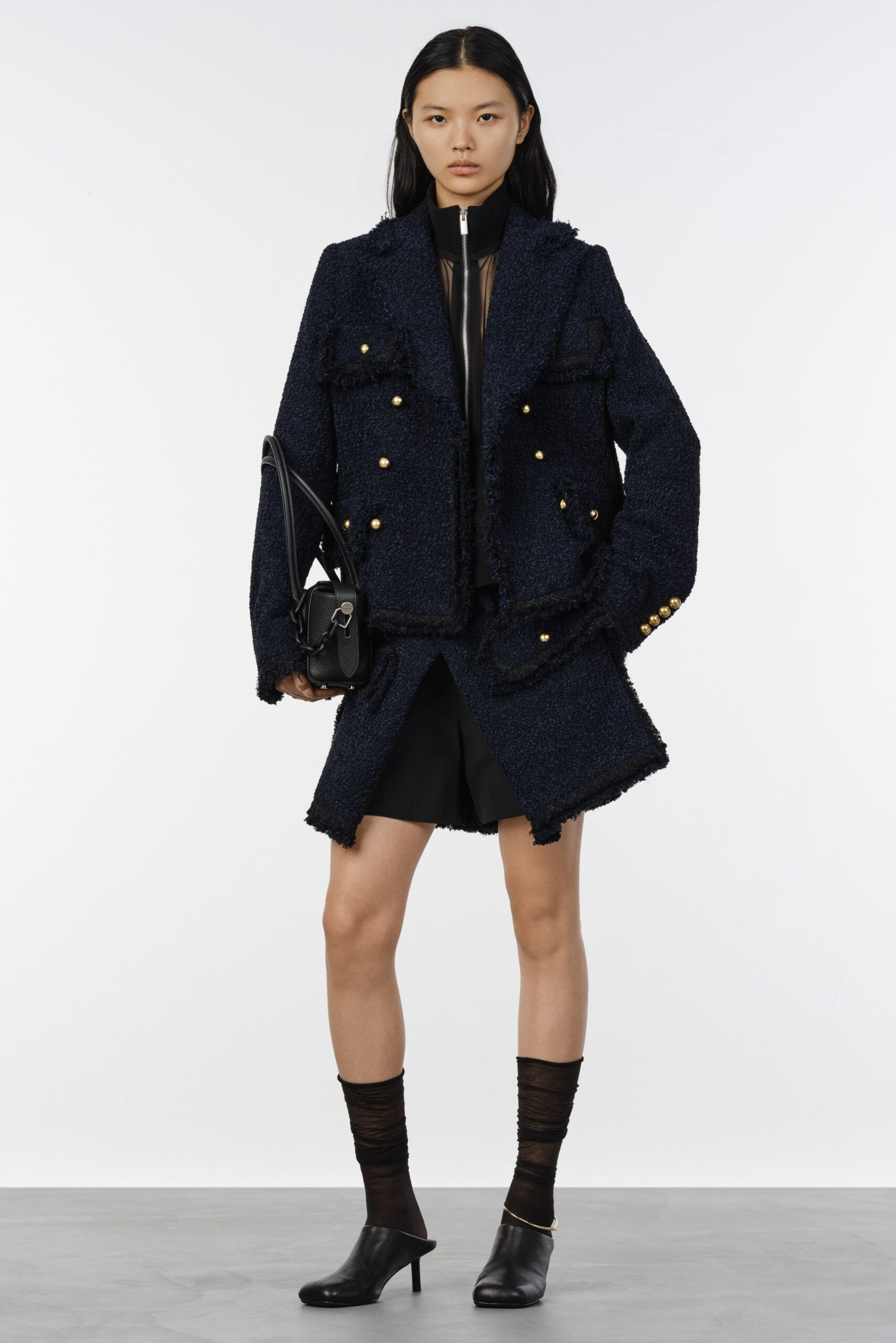 blue tweed long-sleeve collared relaxed buttoned fringed coat