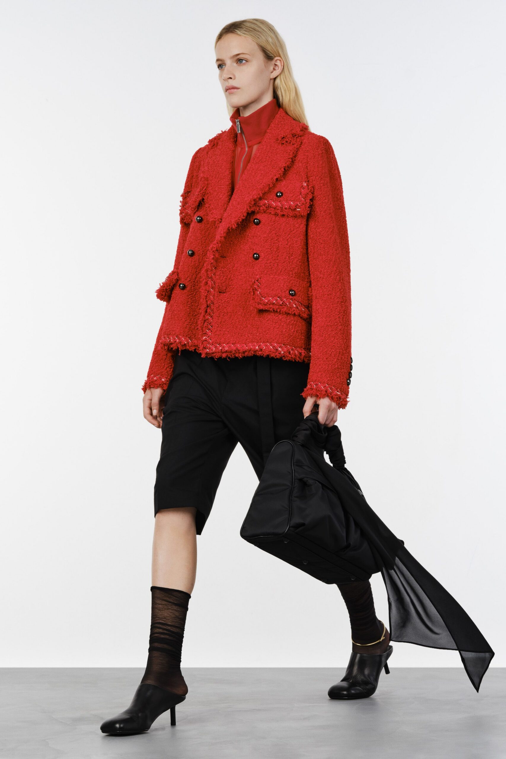 red tweed long-sleeve collared structured buttoned fringed jacket