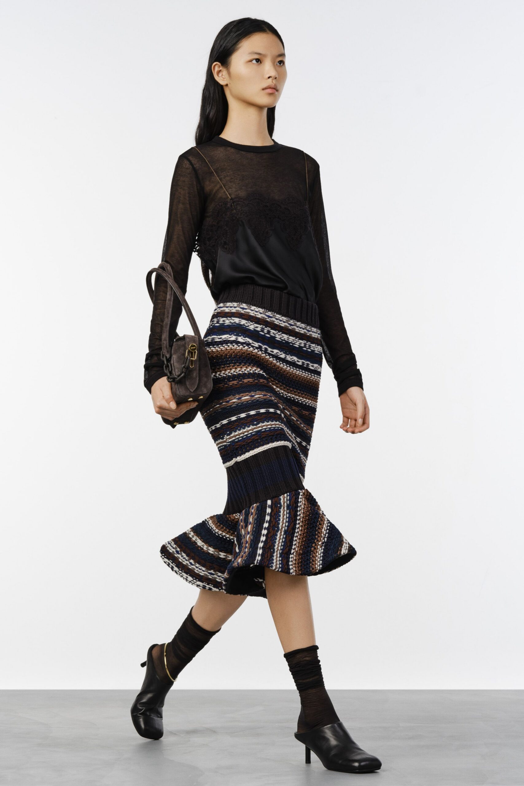 blue cotton fitted flared midi skirt