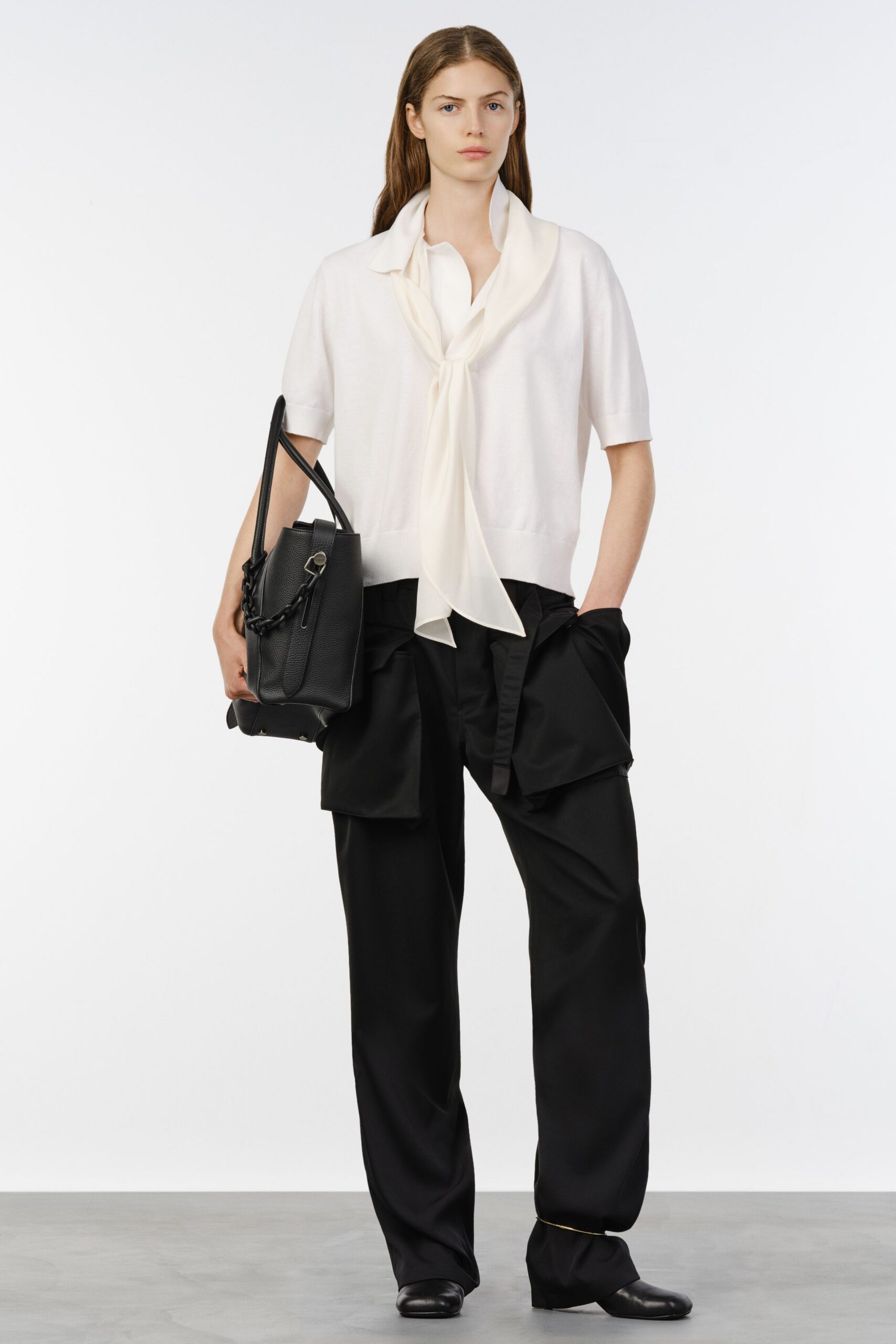 white cotton short-sleeve collared relaxed draped top