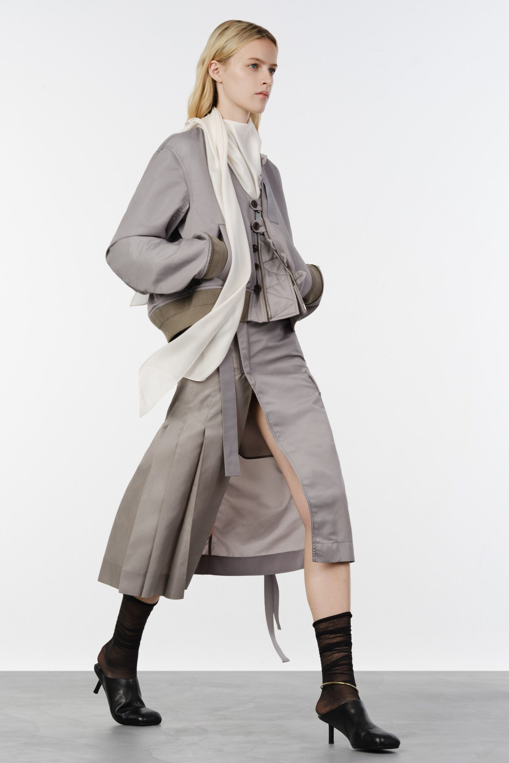 gray silk slit fitted layered midi skirt