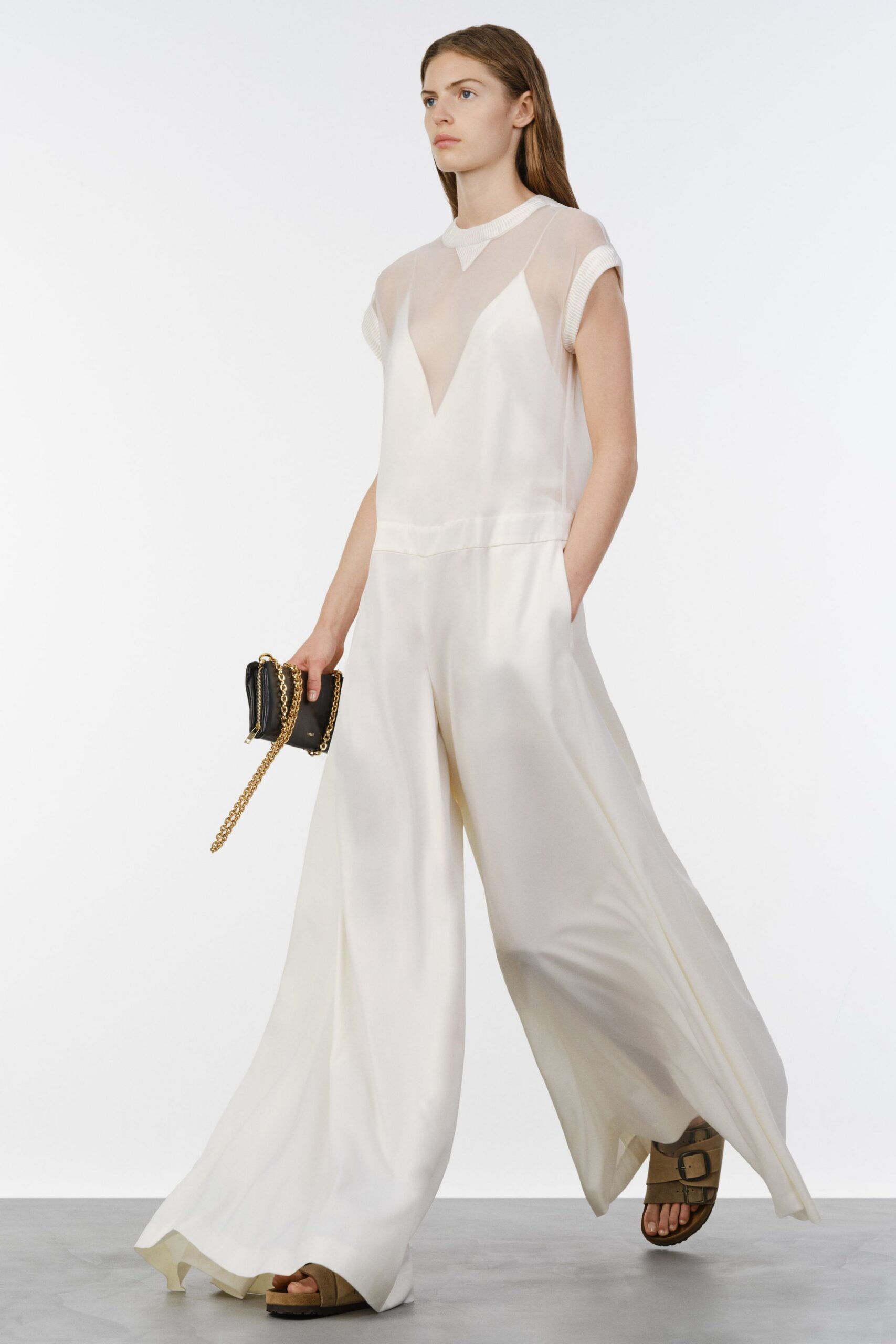 white silk sleeveless v-neck relaxed flowing sheer jumpsuit