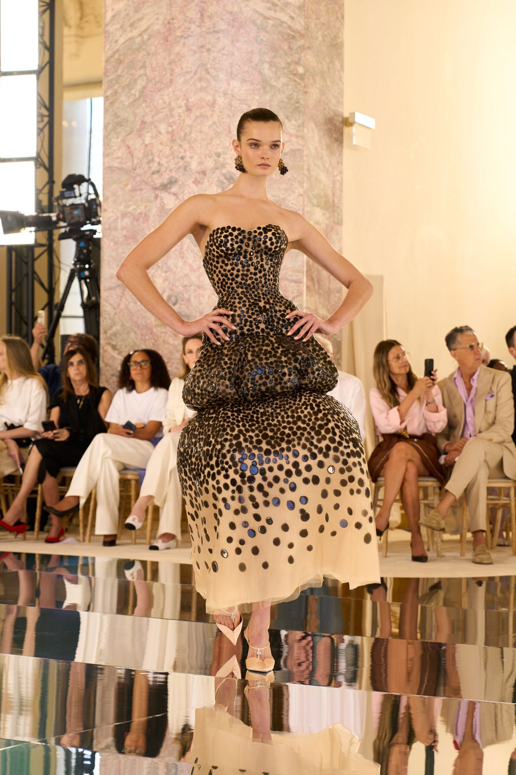 beige polka-dot strapless gown