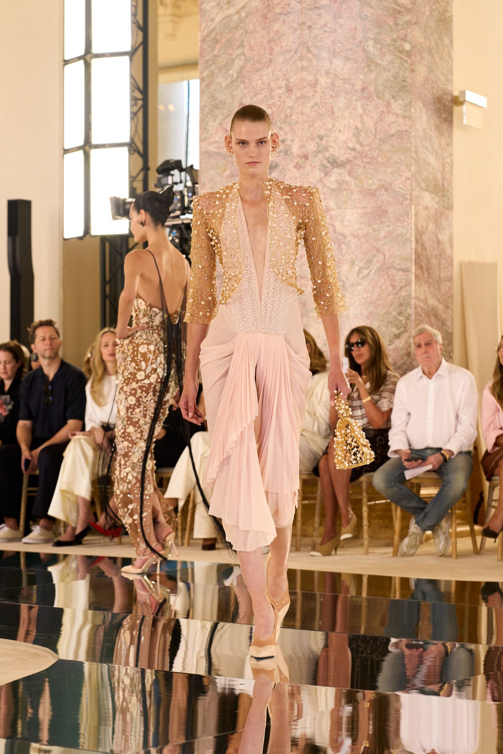 gold sequin jacket pink pleated dress
