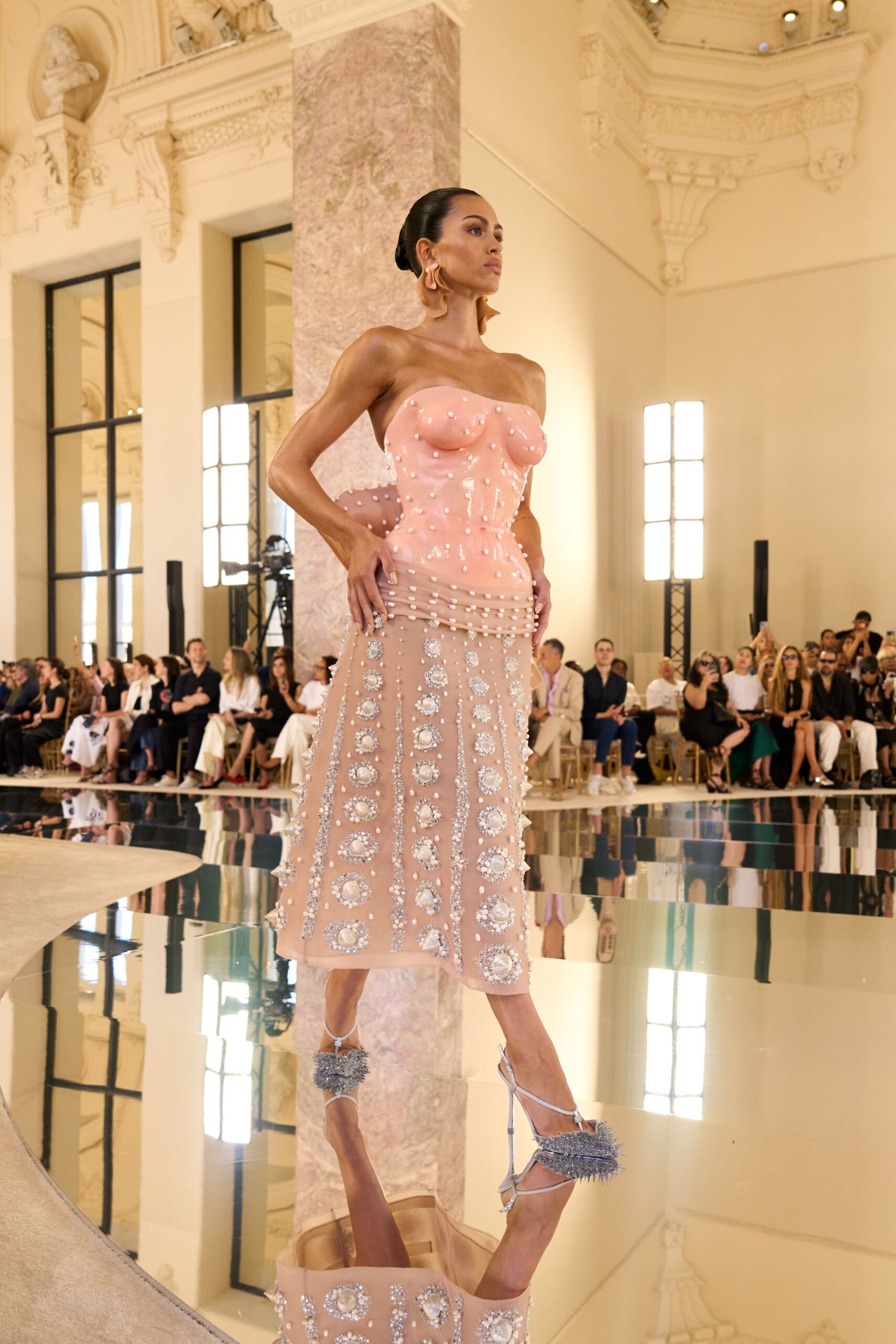 pink embellished midi dress with shoes