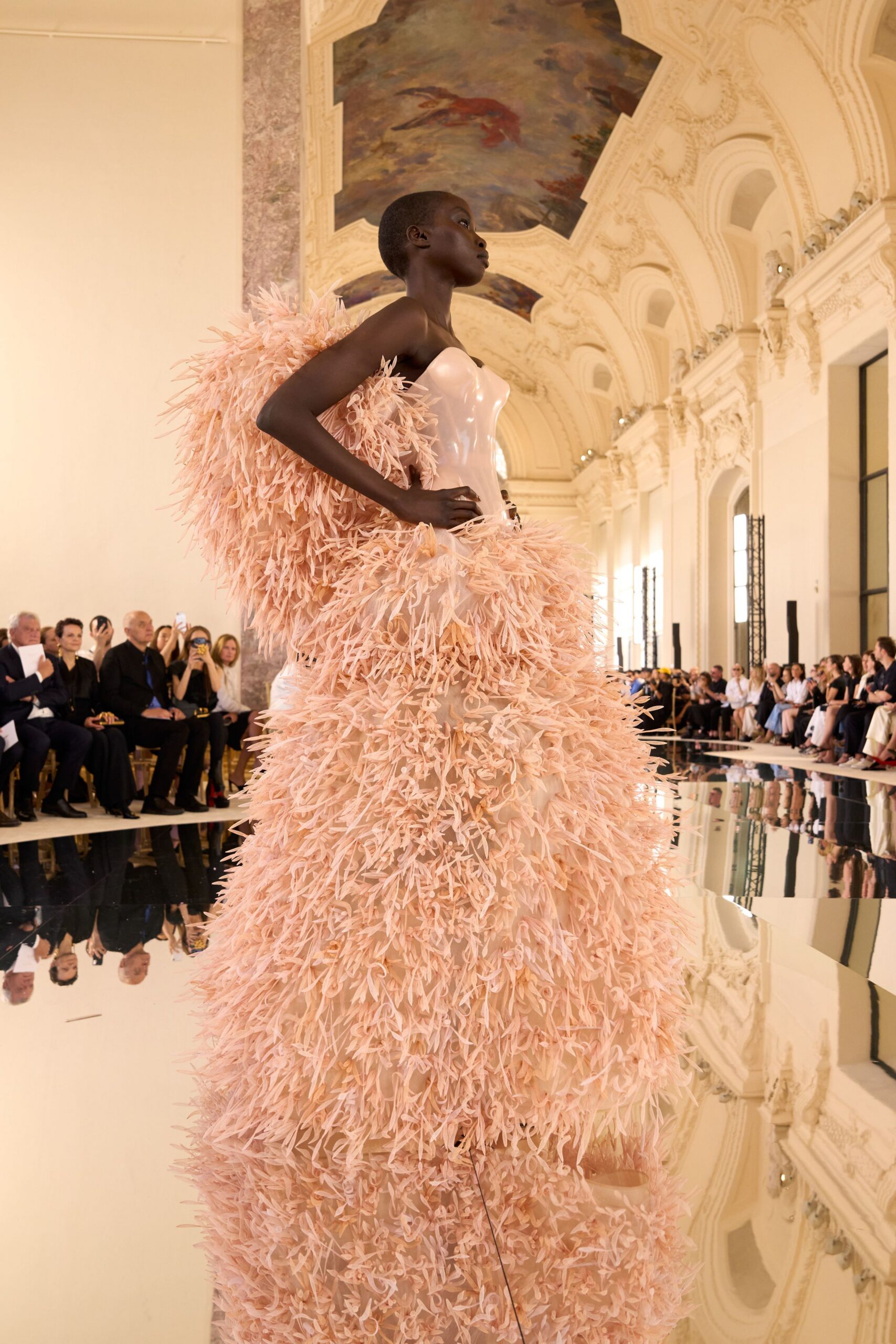 pink ruffled sleeveless gown