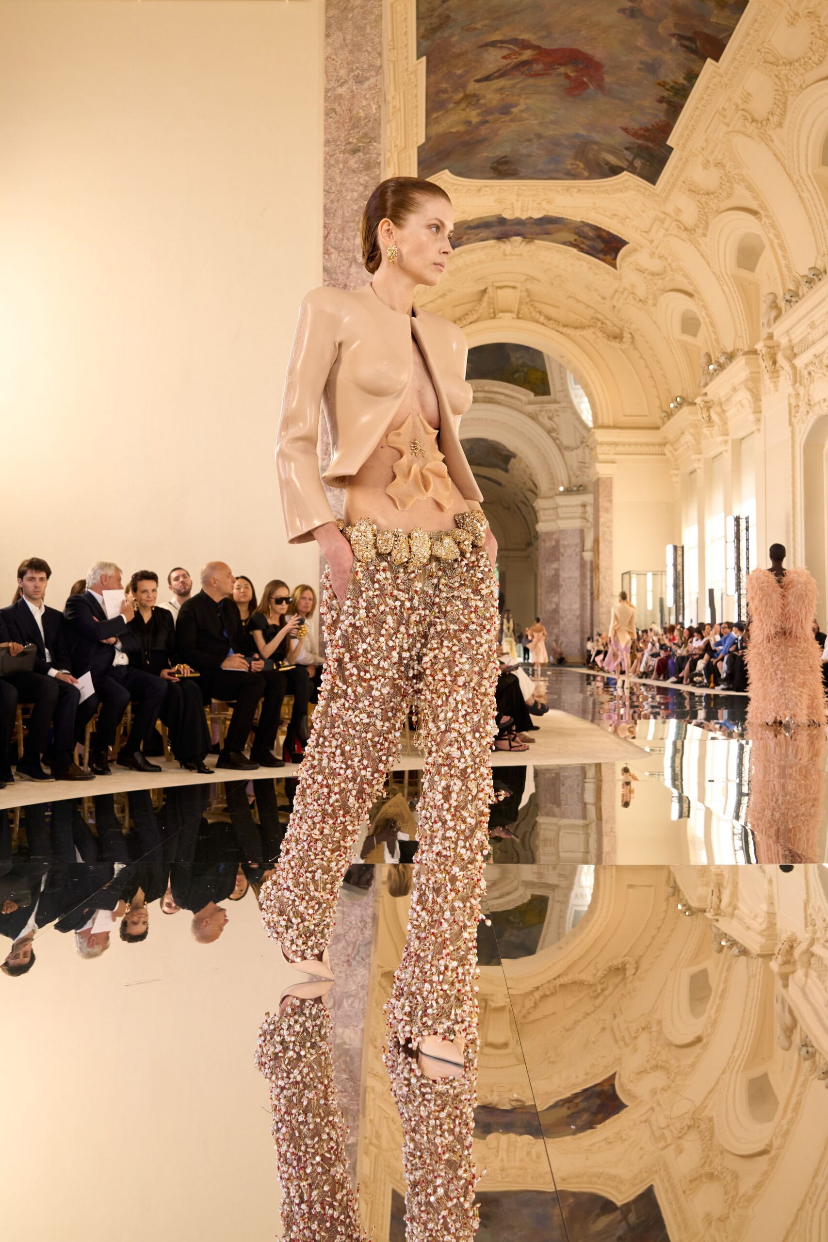 beige vinyl fitted jacket with embellished pants