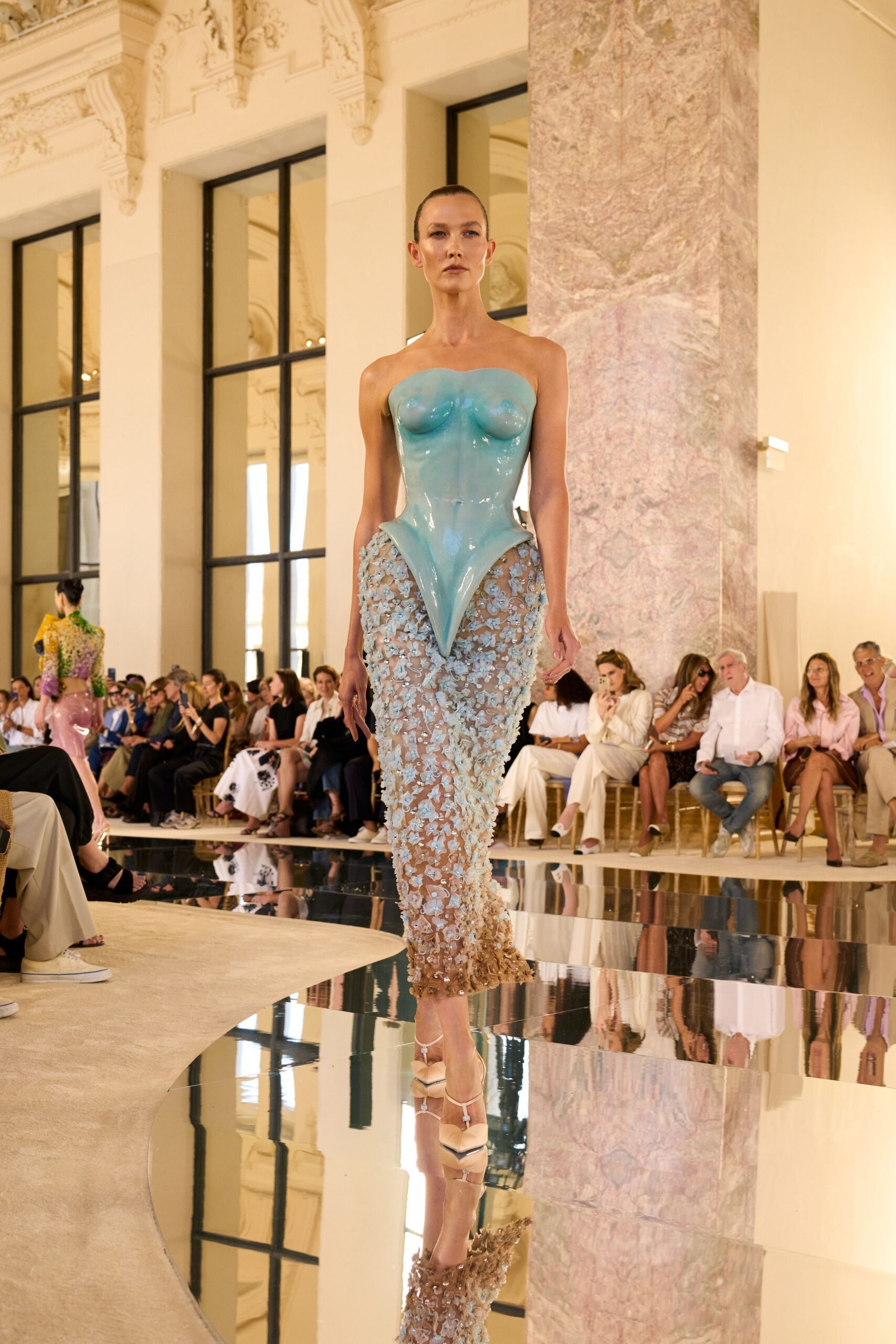 blue vinyl strapless gown