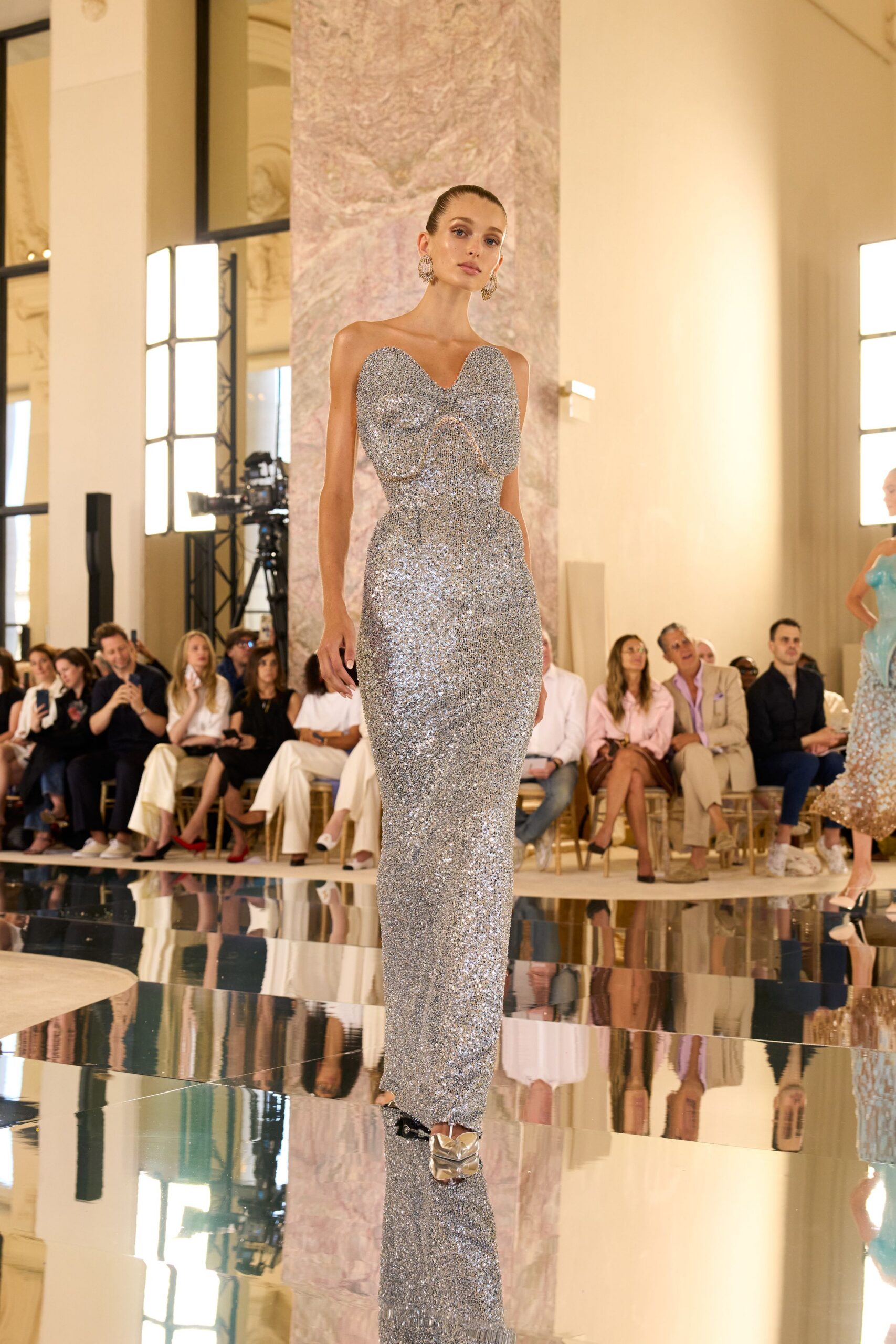 silver sequin fitted gown