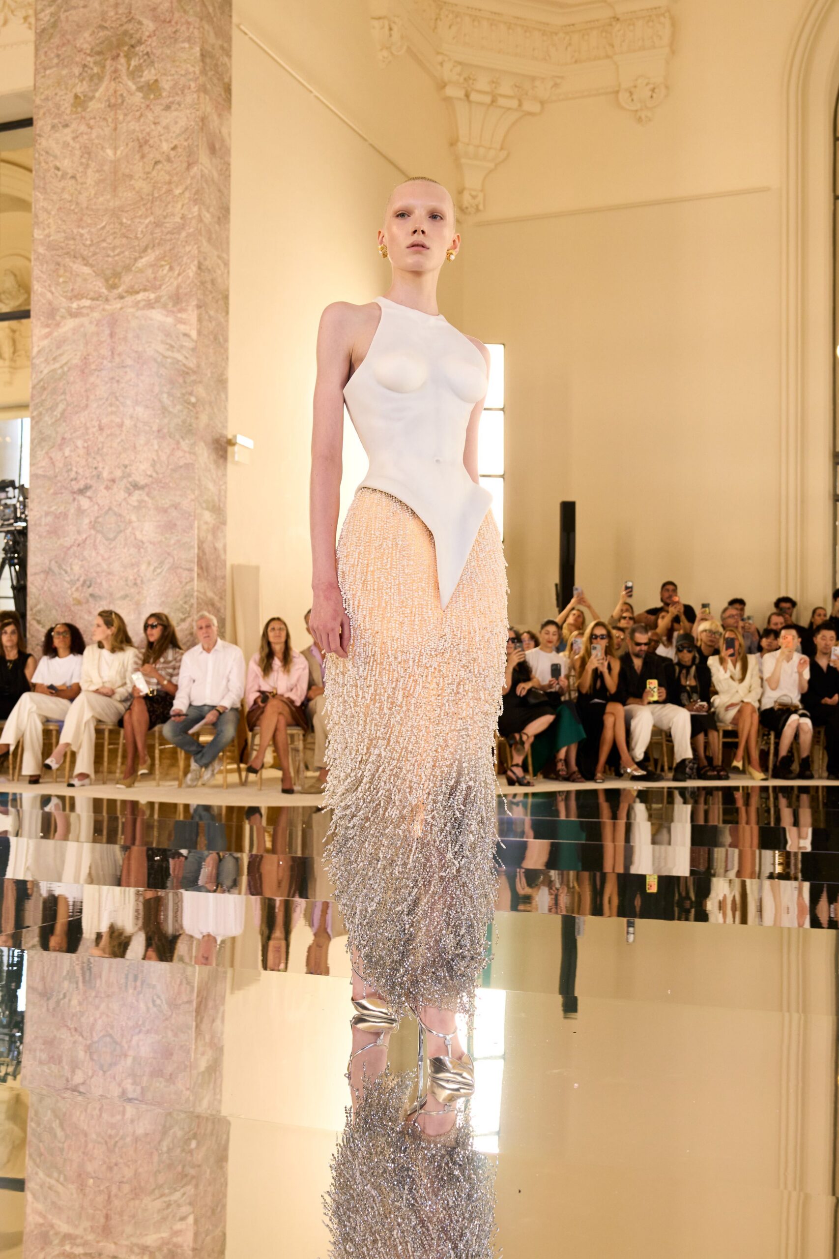 white and gold sequin gown