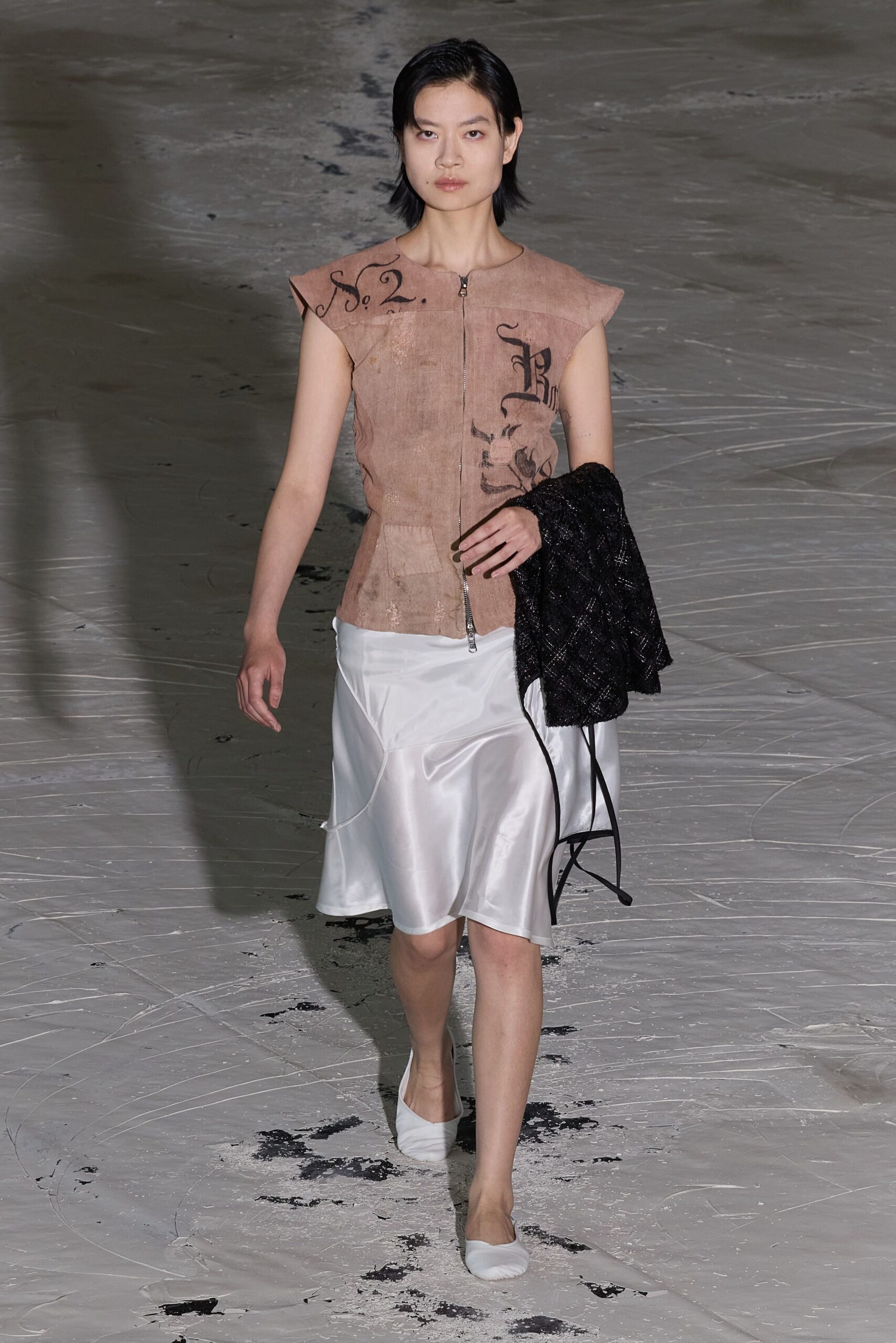 beige fitted top with white midi skirt