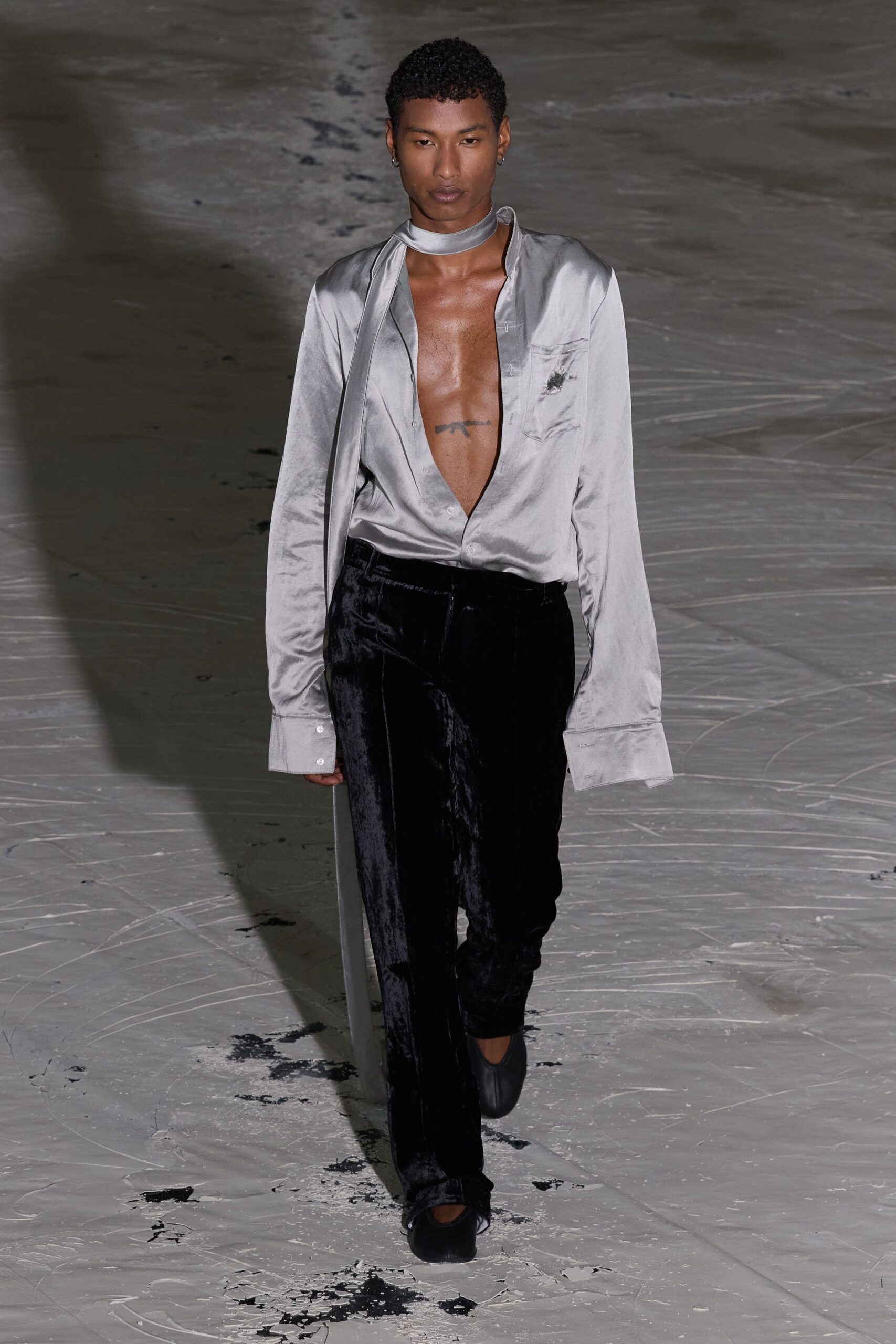 gray silk shirt black velvet pants
