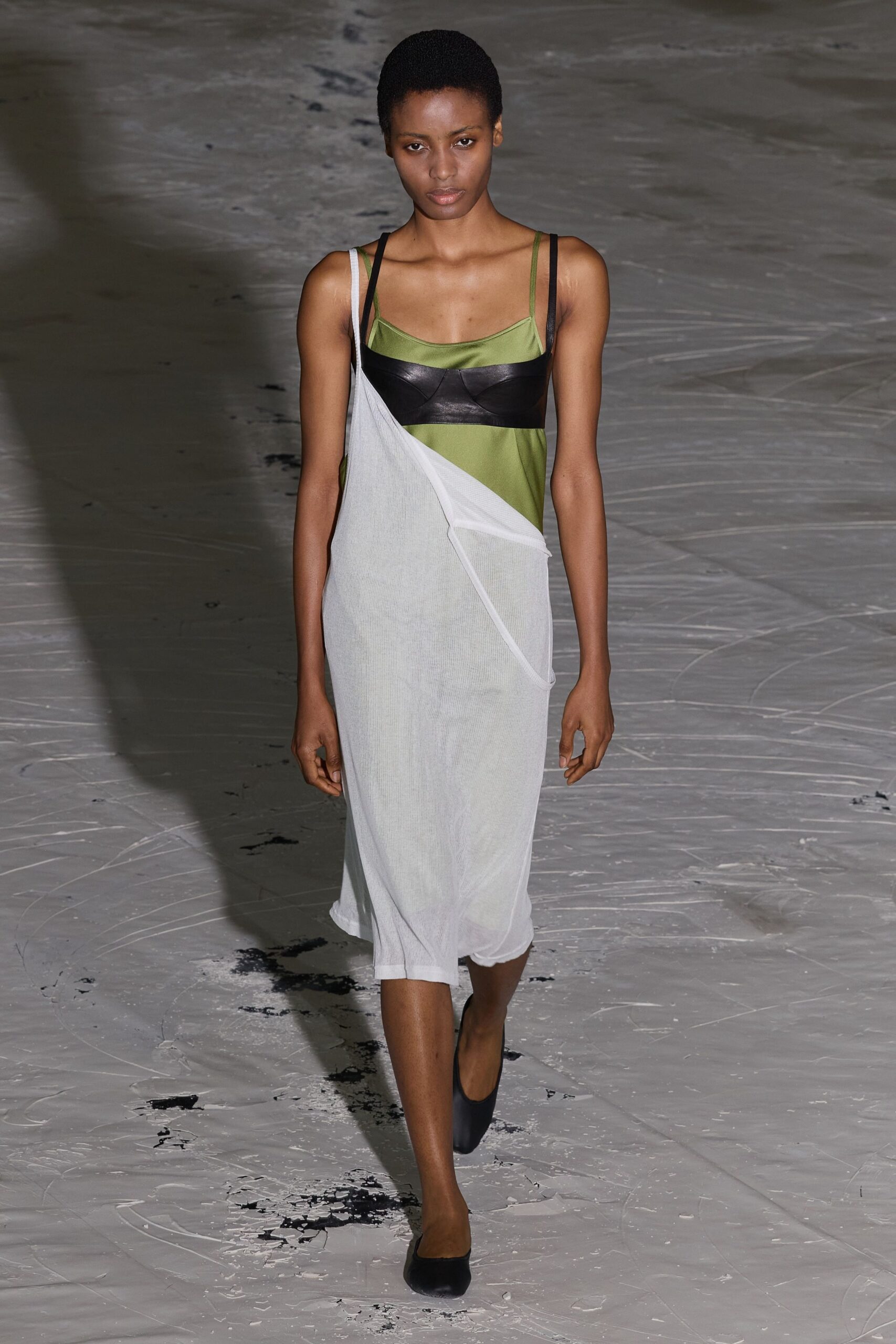 white and green layered midi dress with black shoes