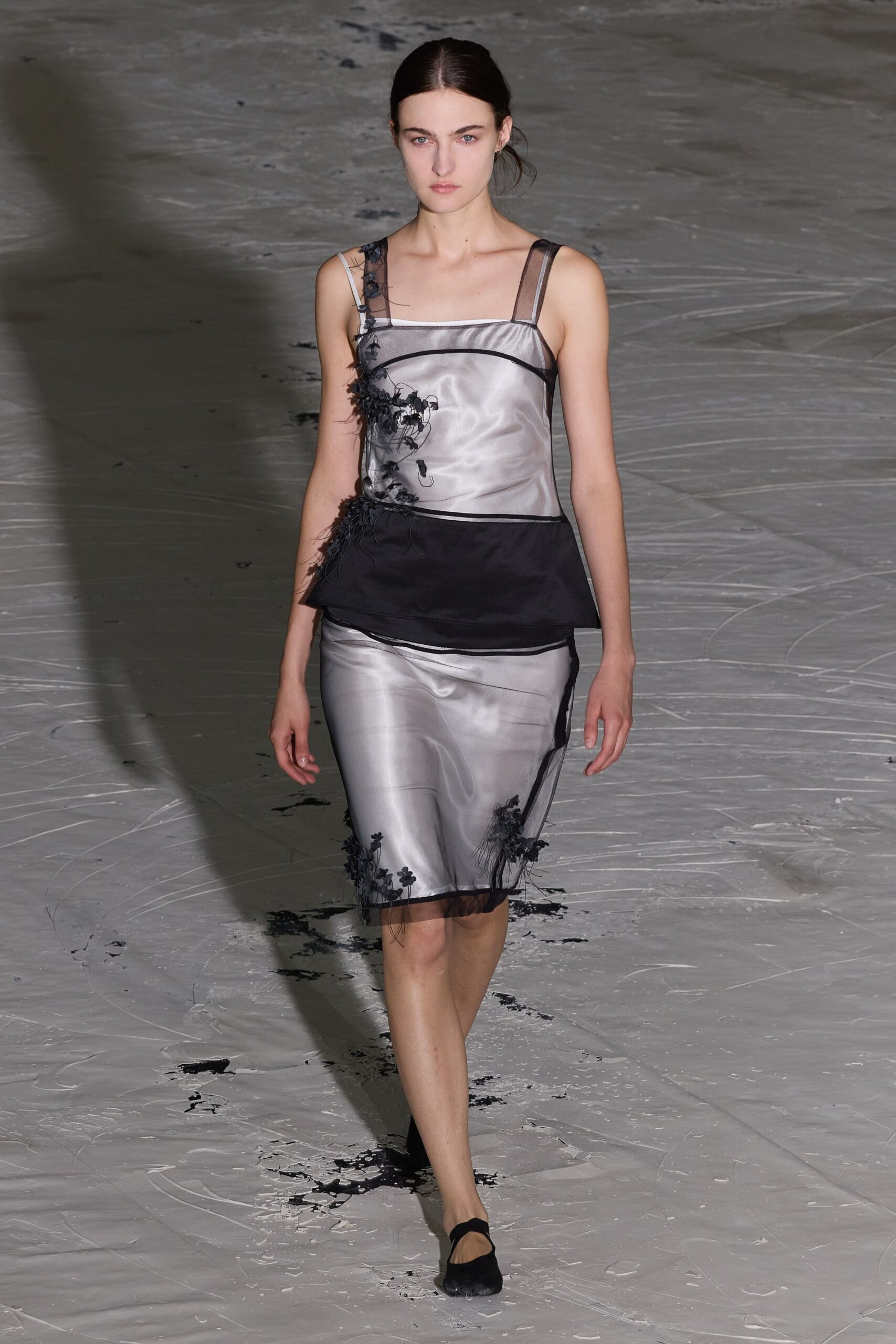 gray silk embroidered midi dress