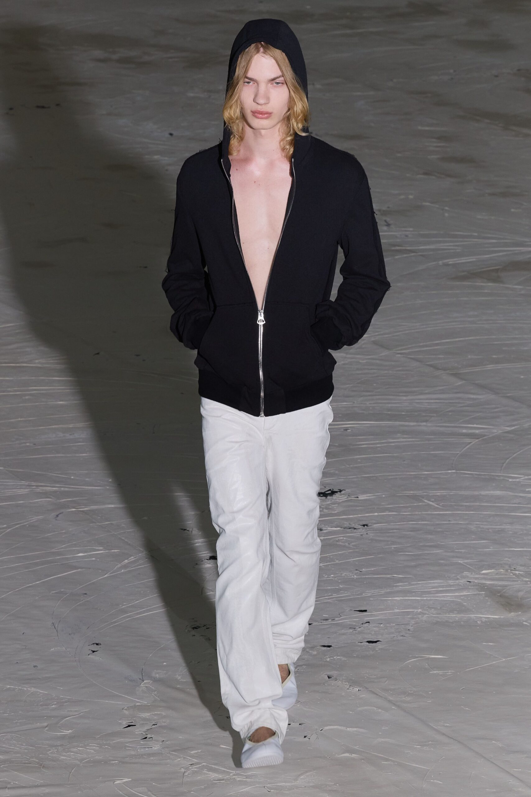 black hoodie white pants