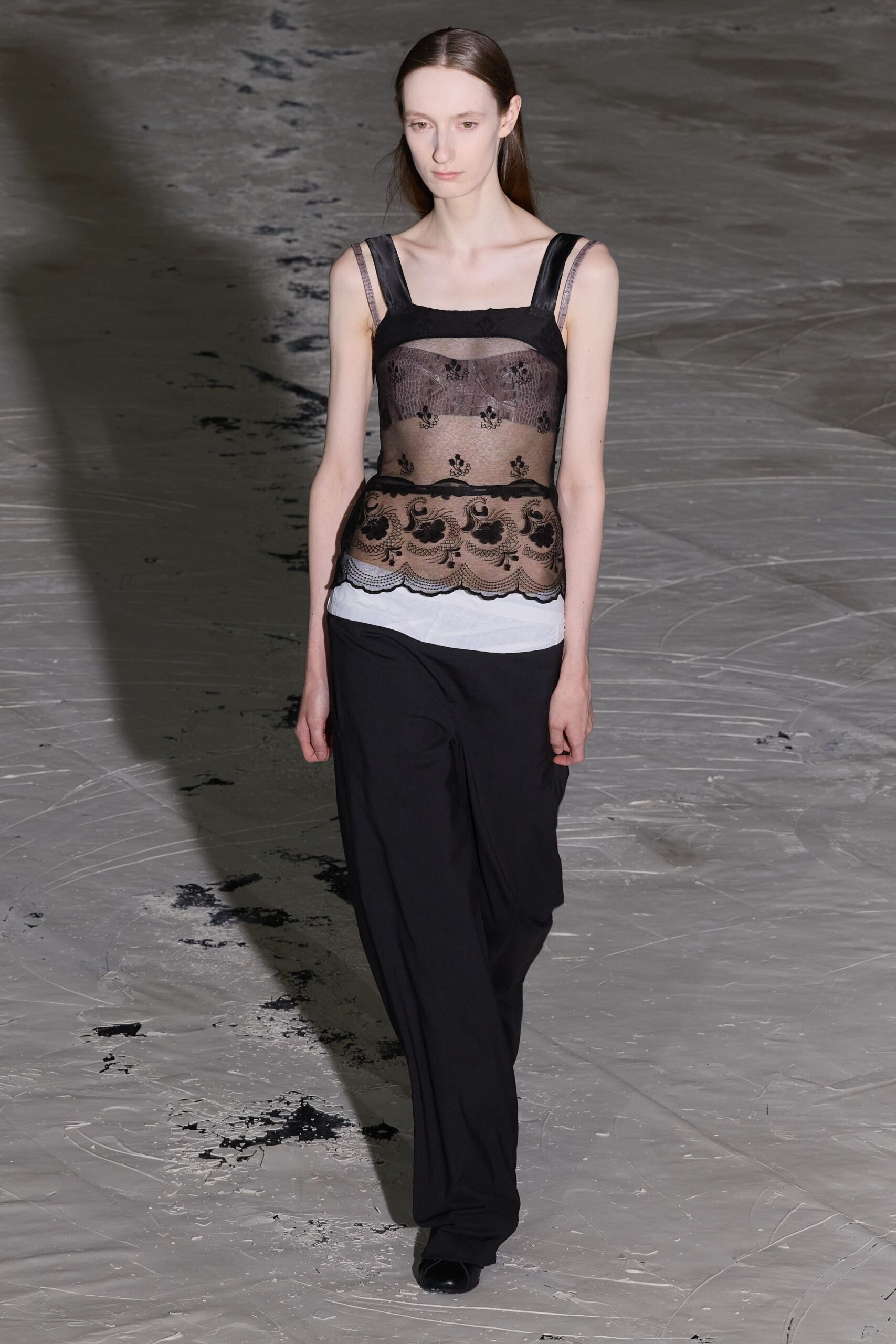 black lace top with relaxed pants