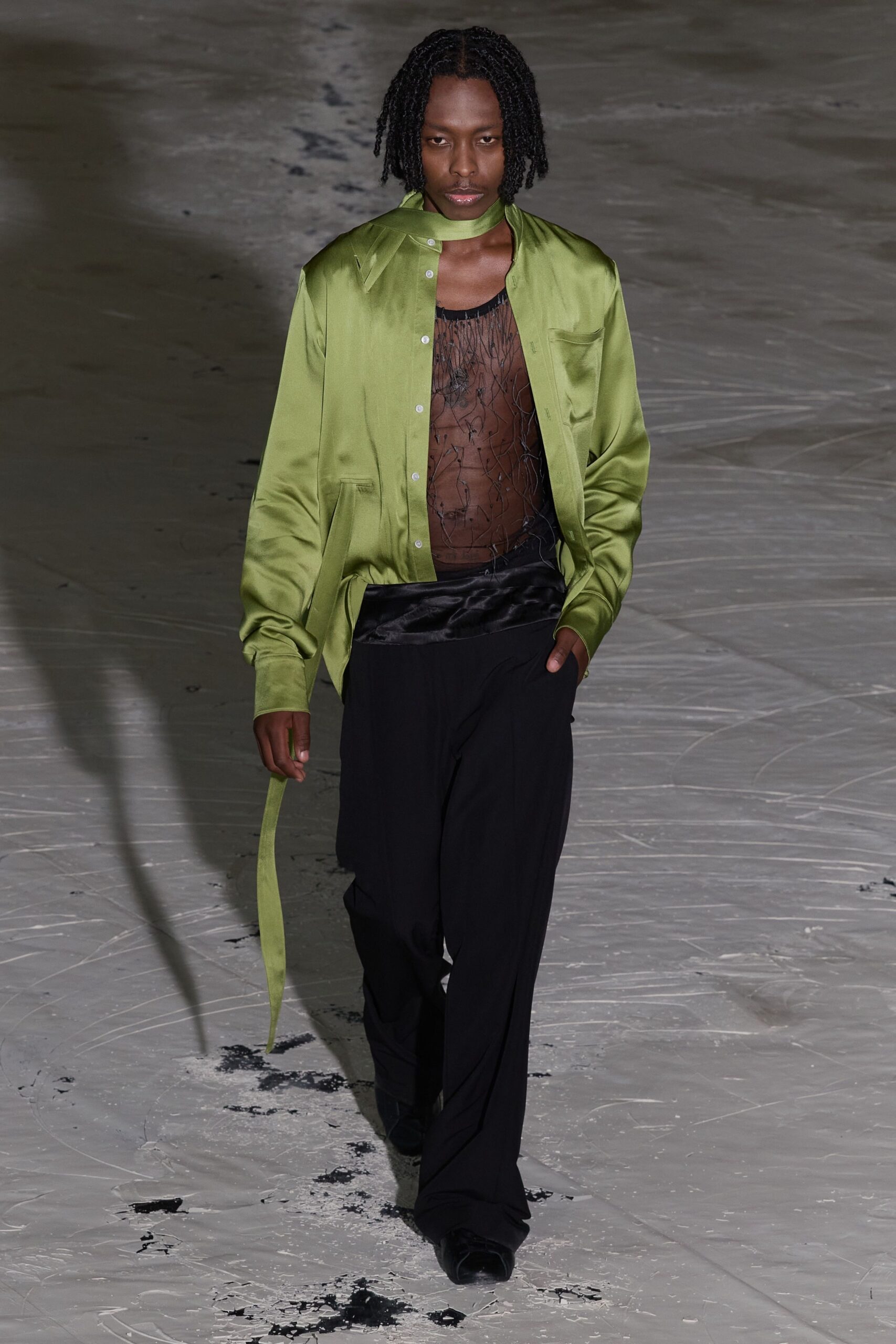 green silk shirt black mesh top