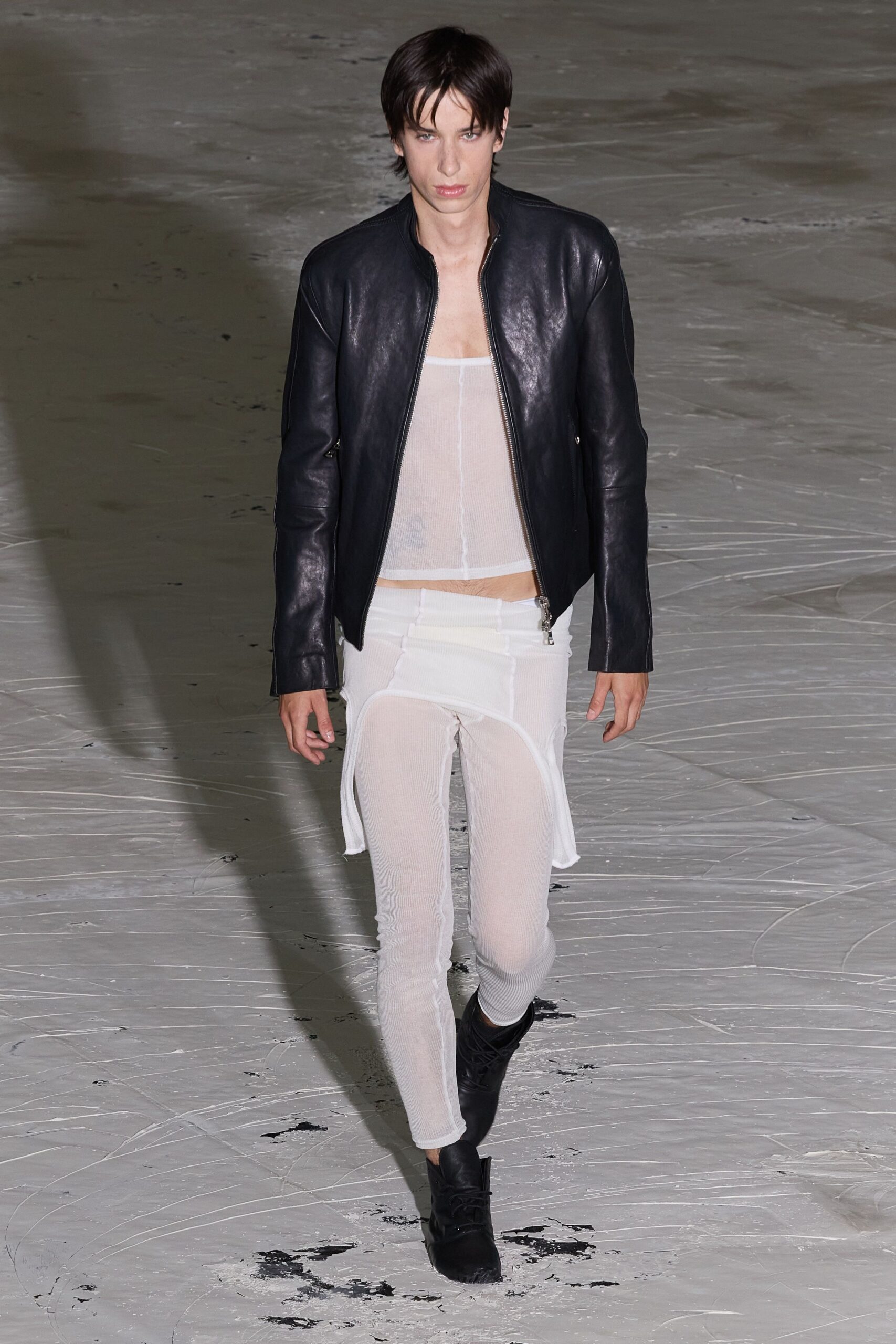 black leather jacket white mesh top