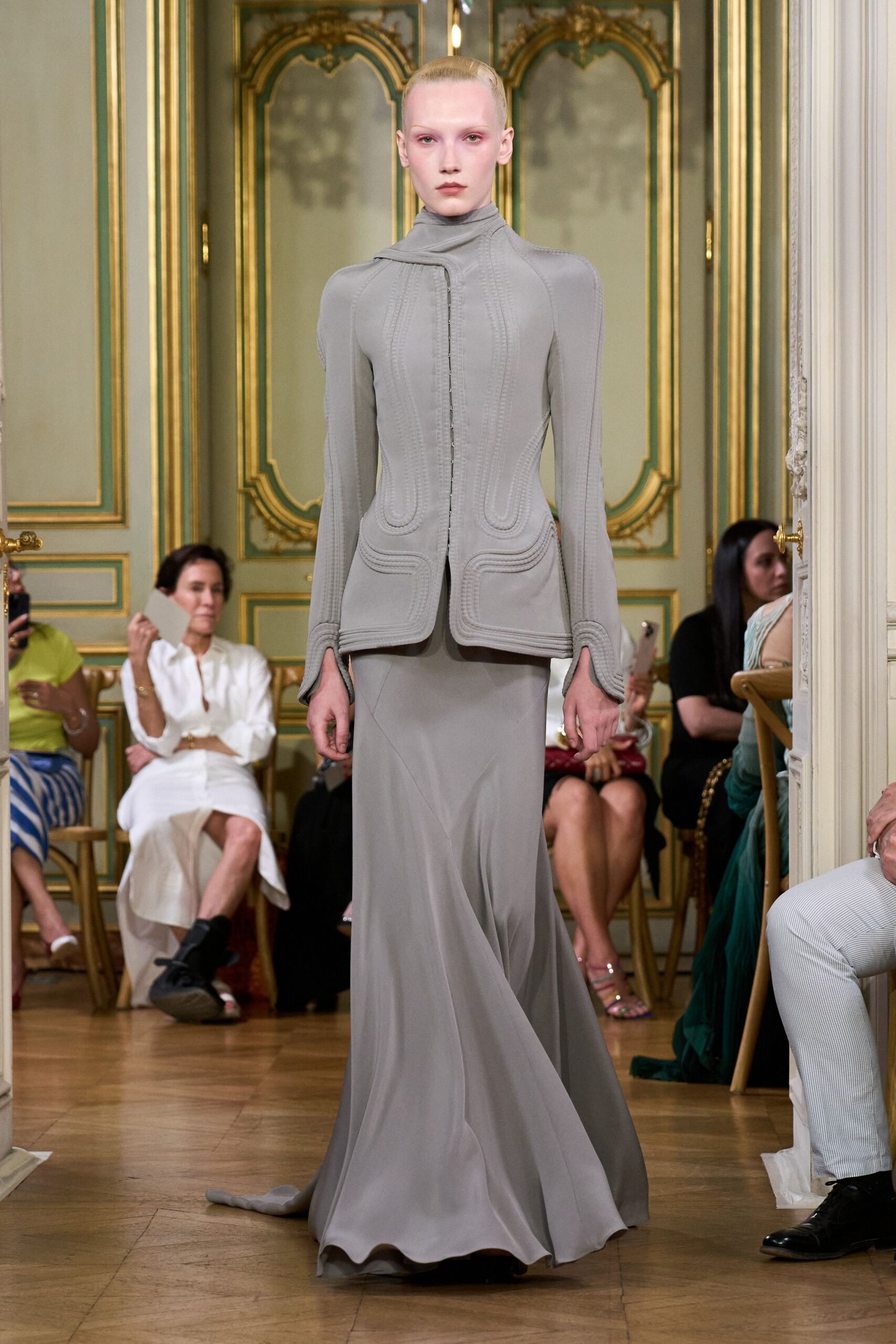 gray silk fitted gown