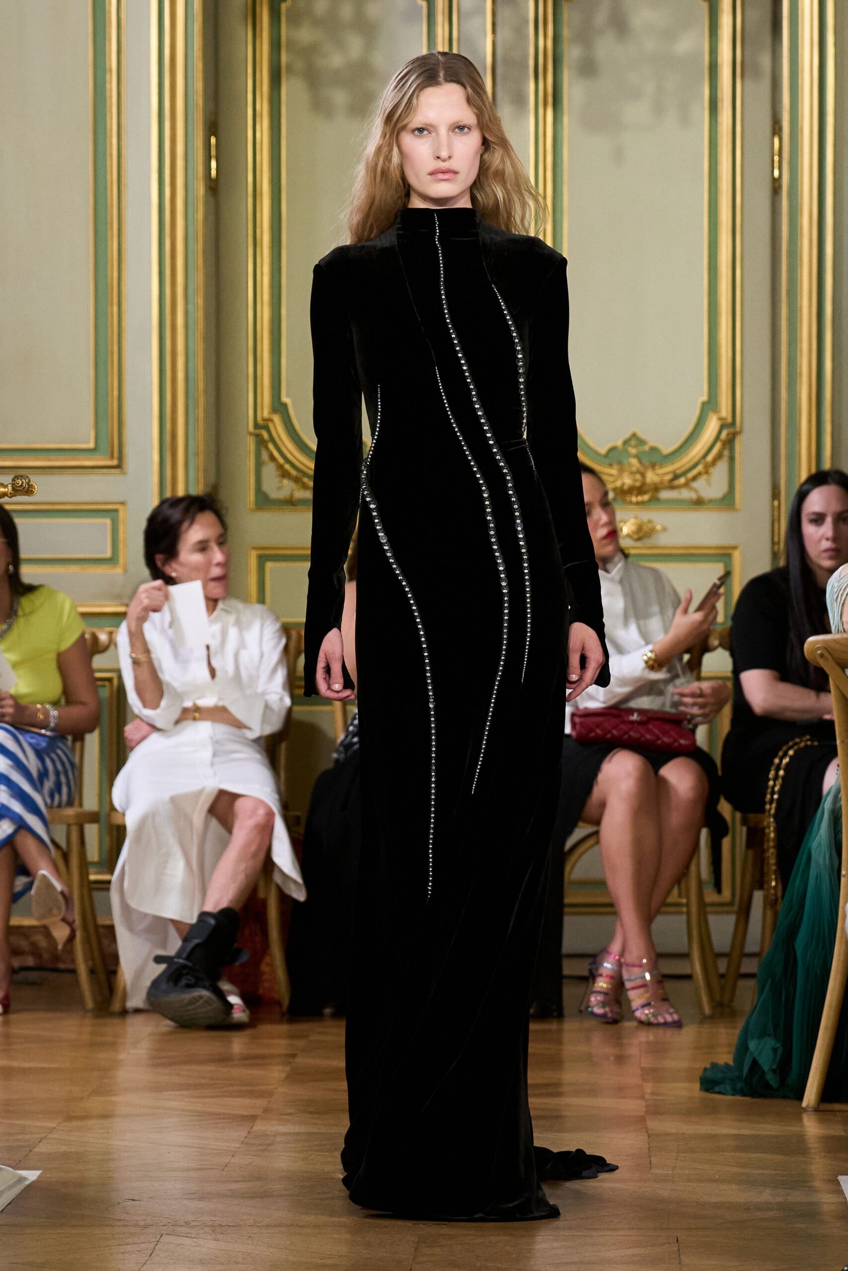 black velvet long-sleeve gown