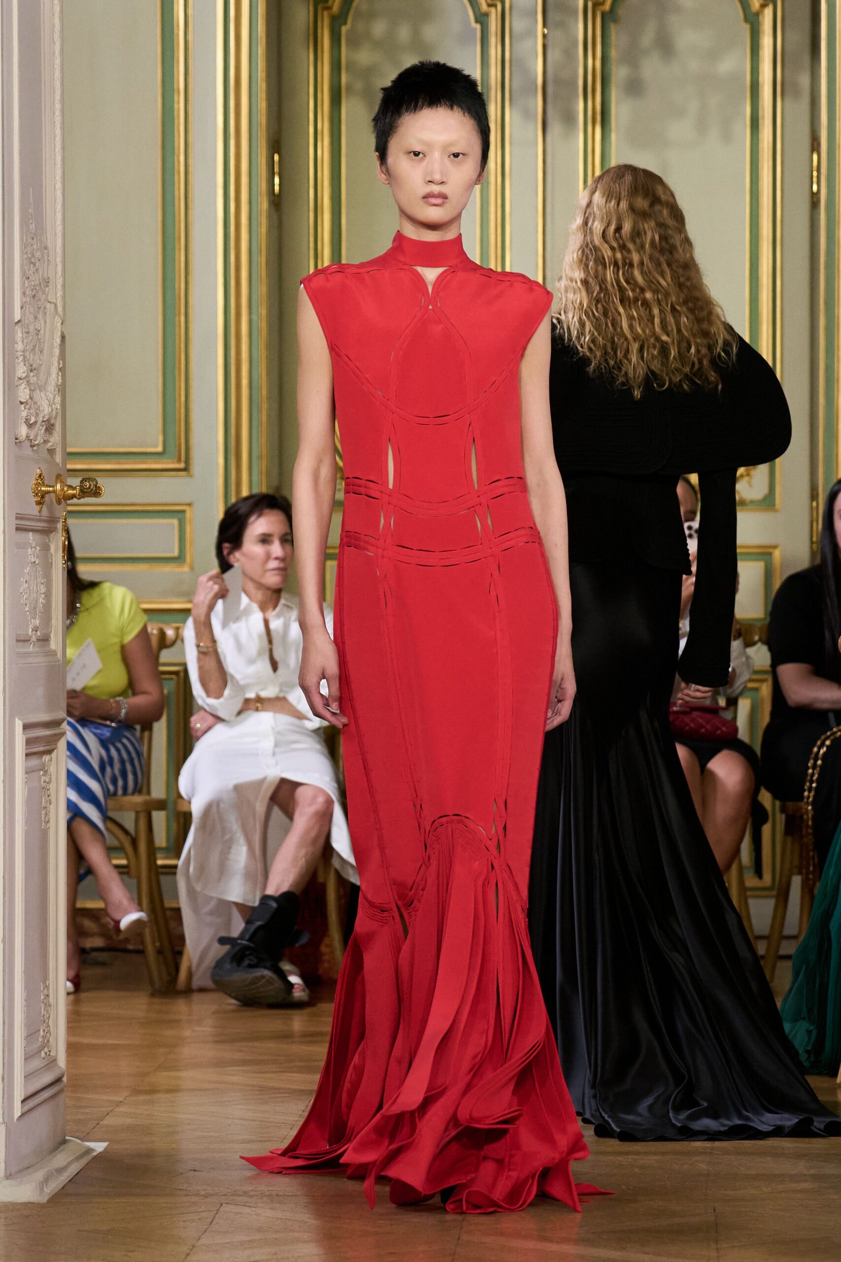 red silk sleeveless gown