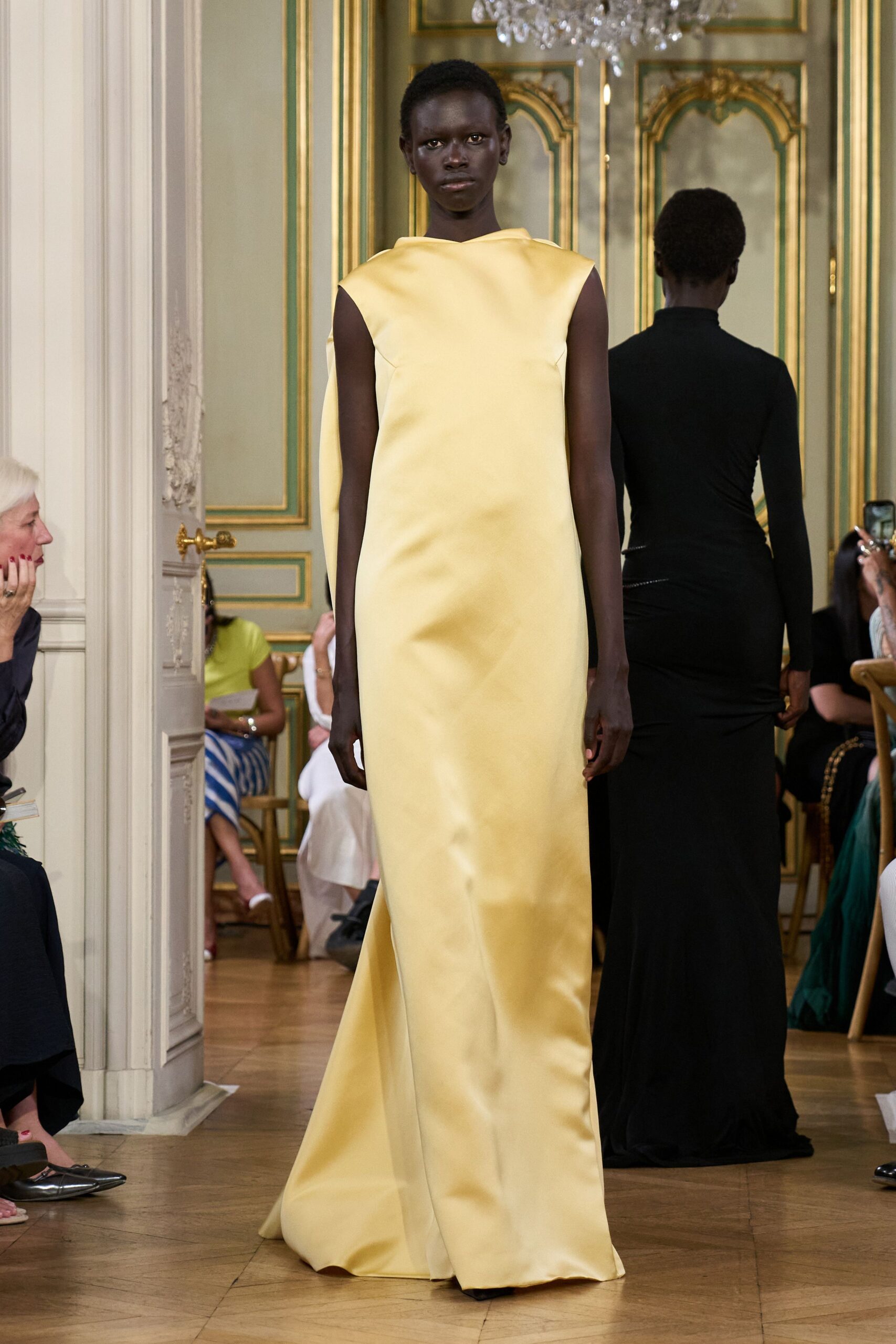 fitted yellow silk gown