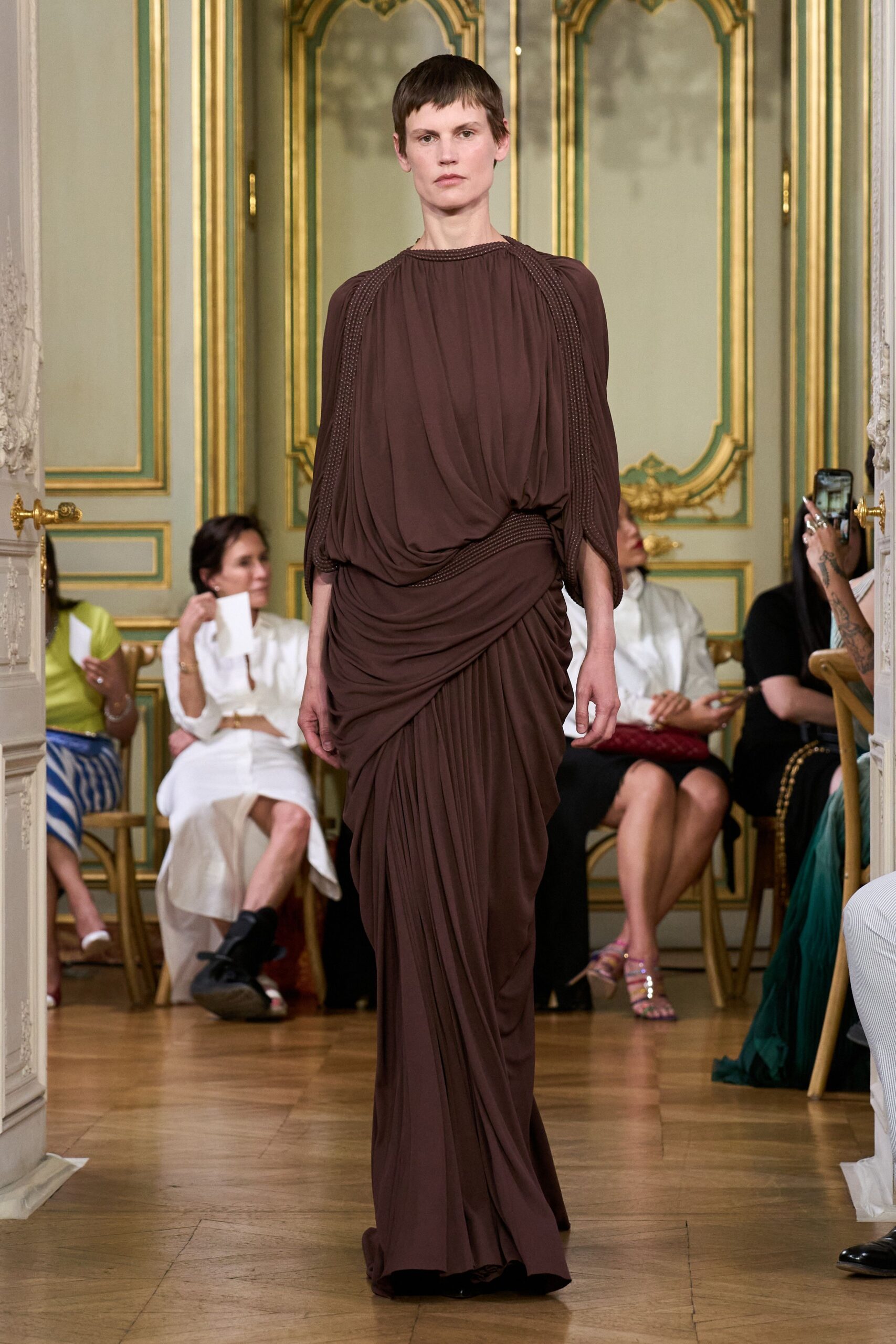 brown silk long-sleeve gown