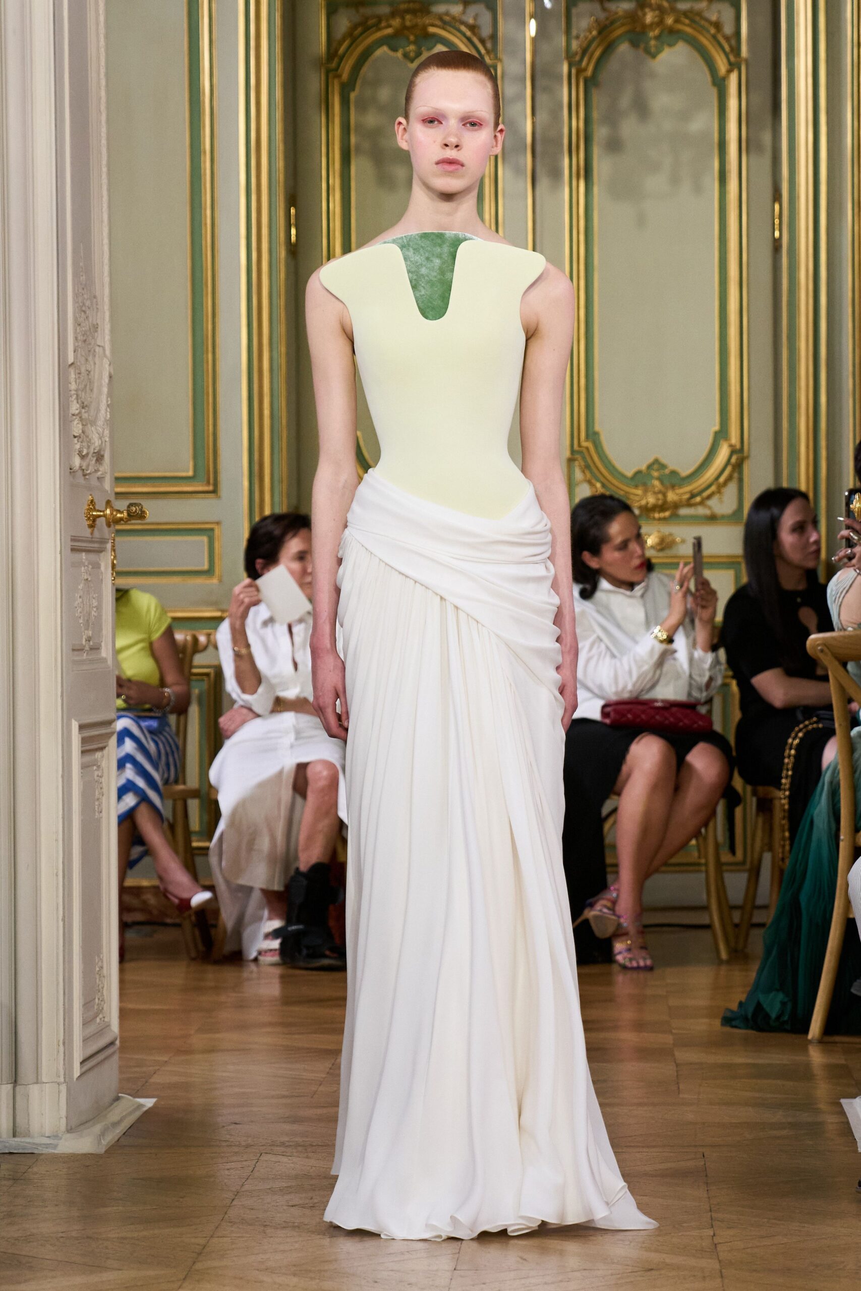 white silk sleeveless gown