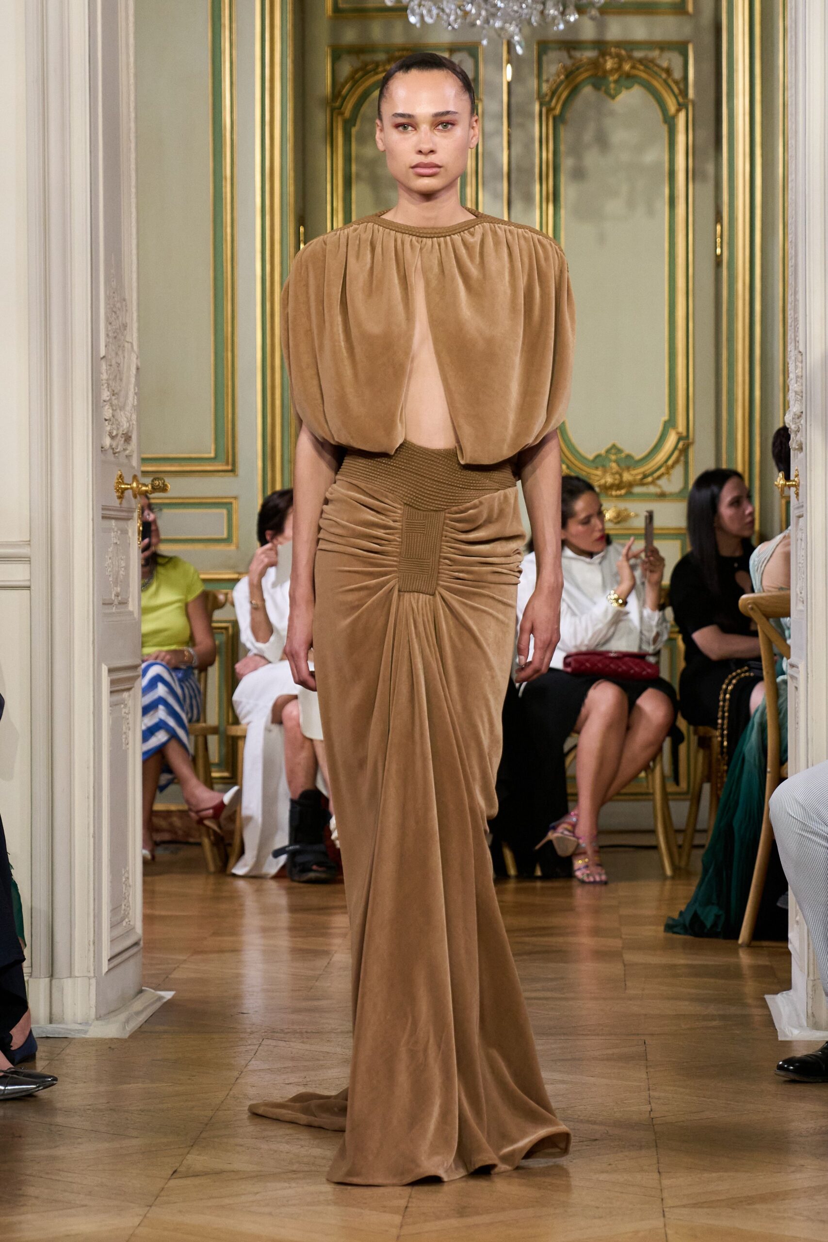 brown velvet sleeveless gown