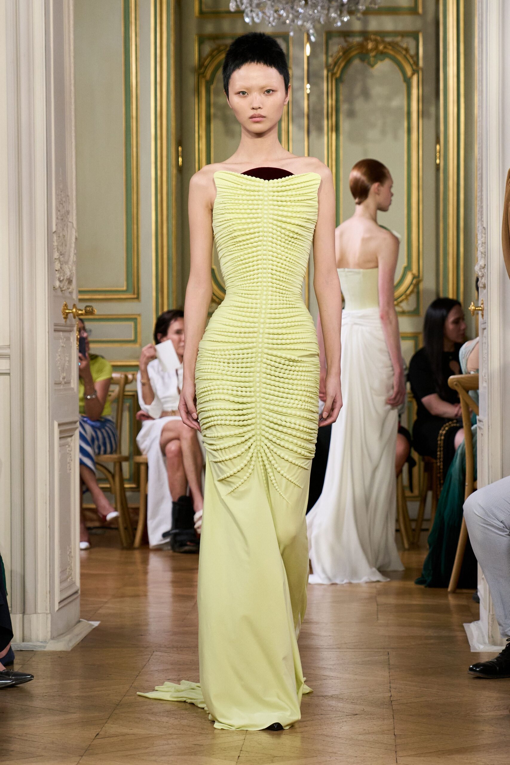 fitted yellow silk gown