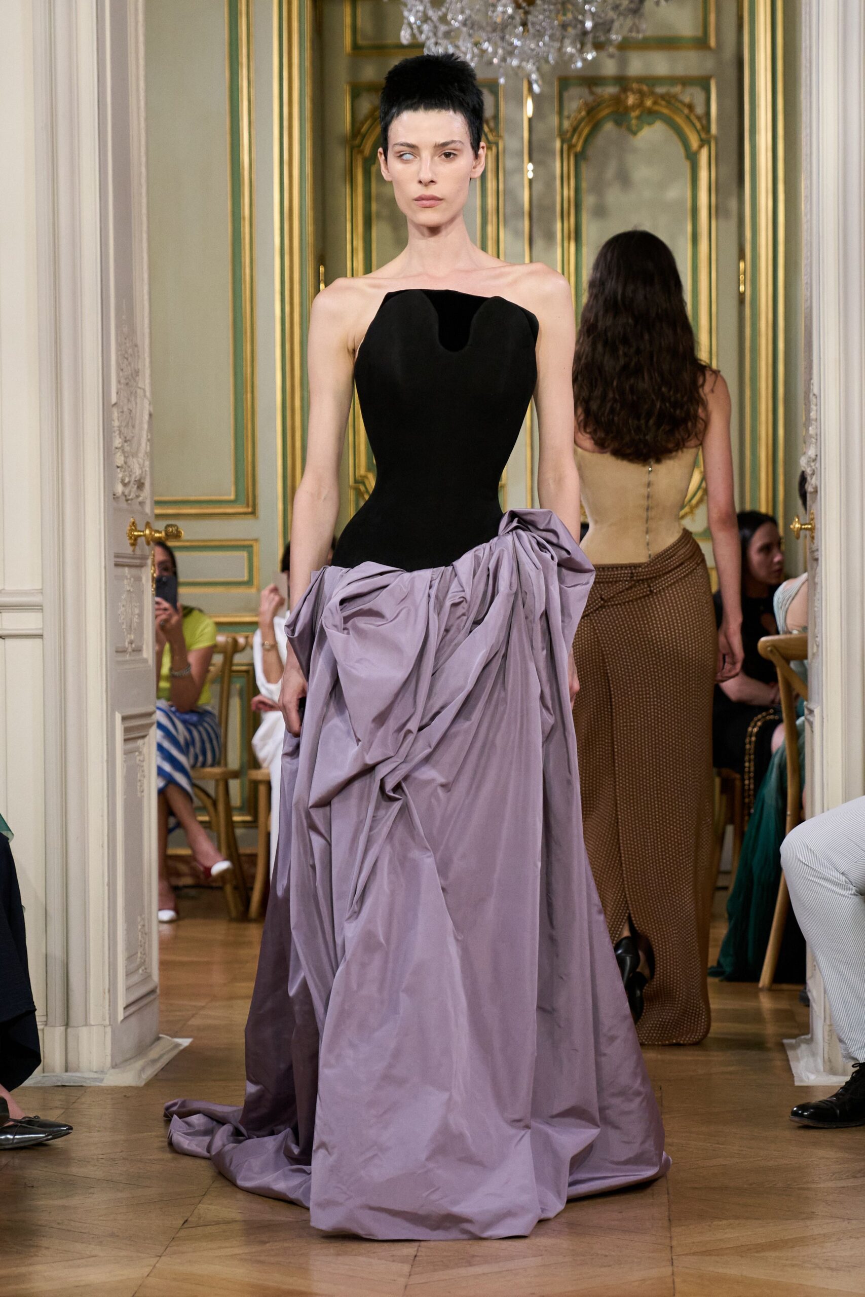 black and purple strapless gown
