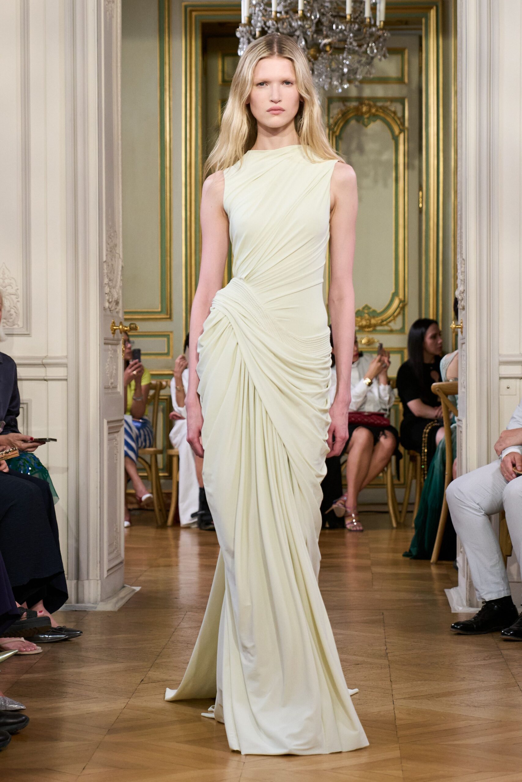 white silk sleeveless gown