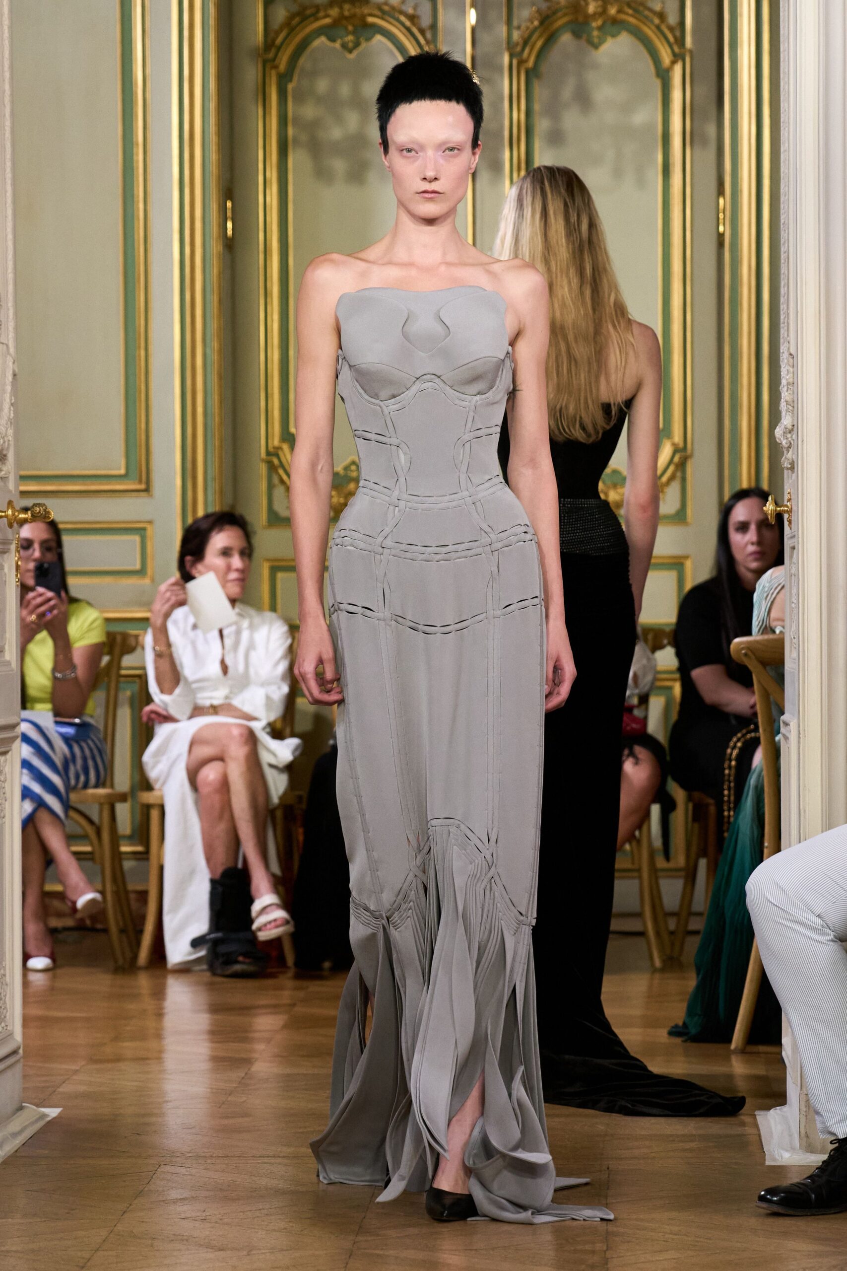 gray silk strapless gown