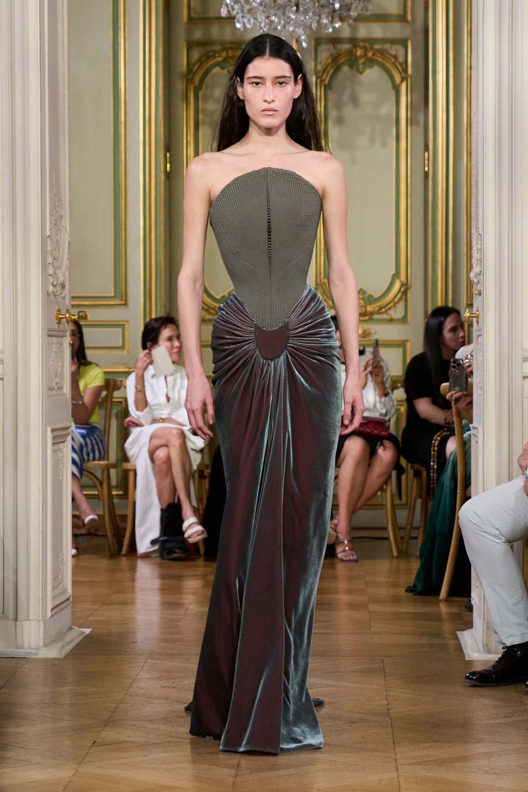 fitted green velvet strapless gown