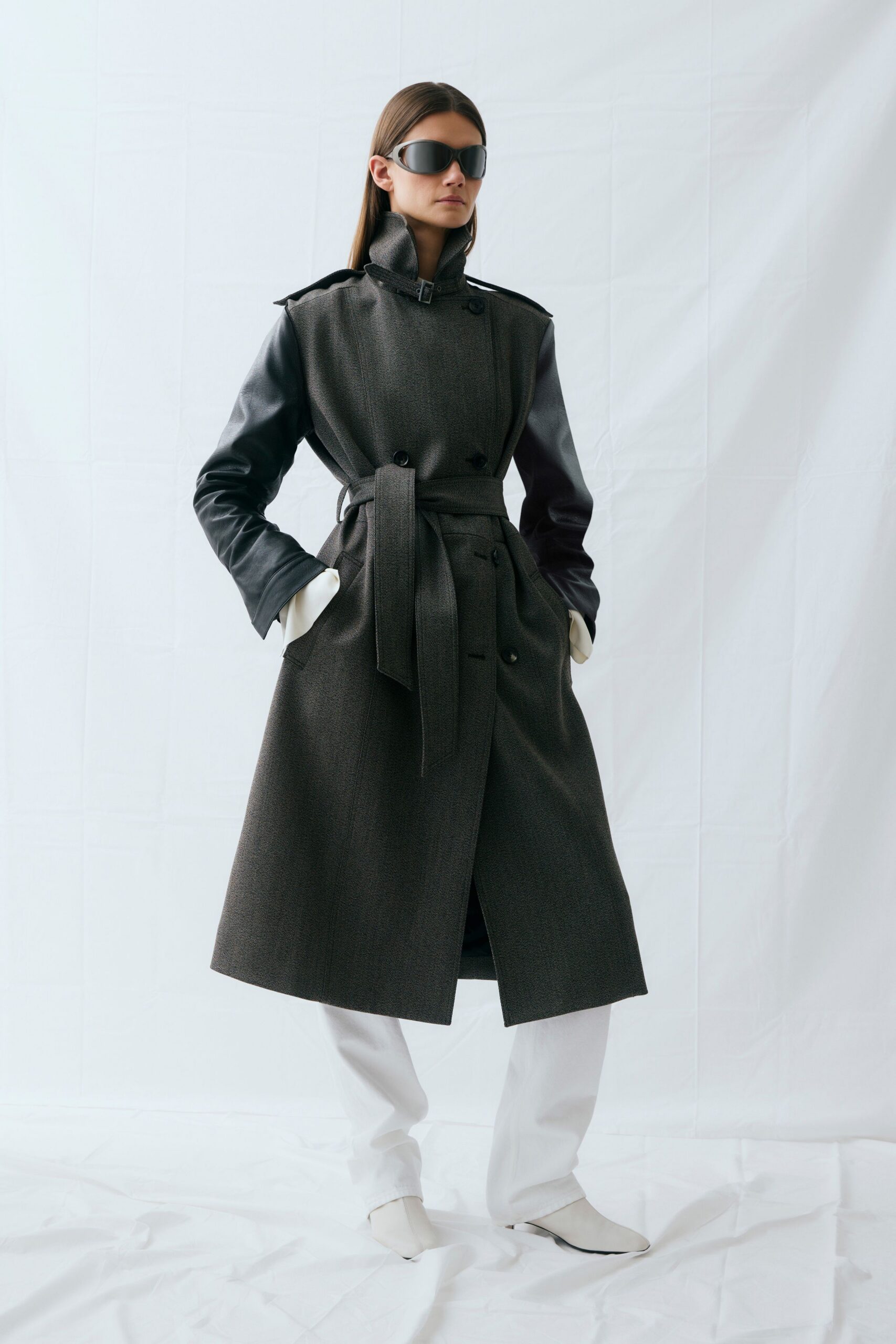 gray wool long-sleeve collared structured belted midi coat