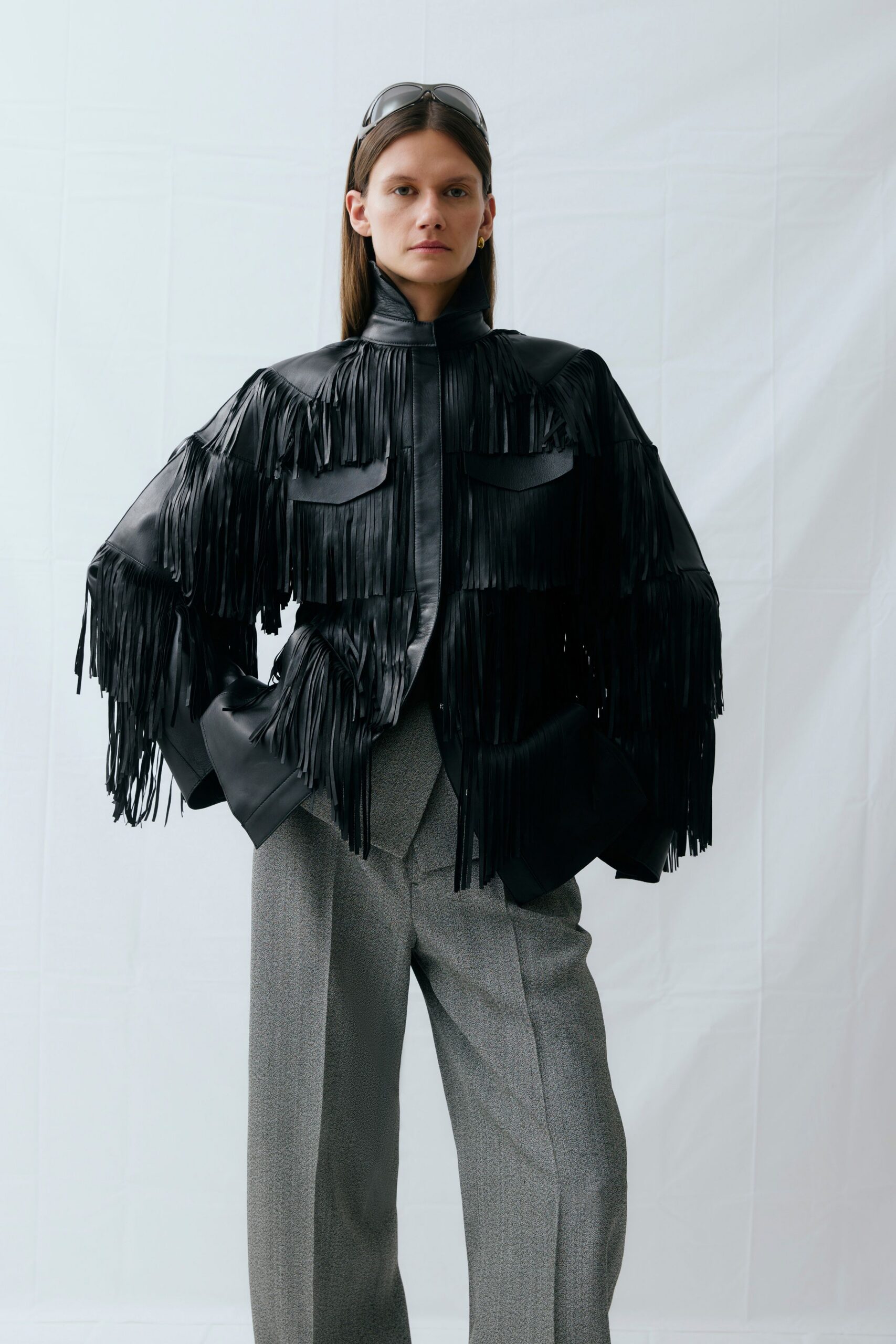 black leather long-sleeve relaxed fringed jacket