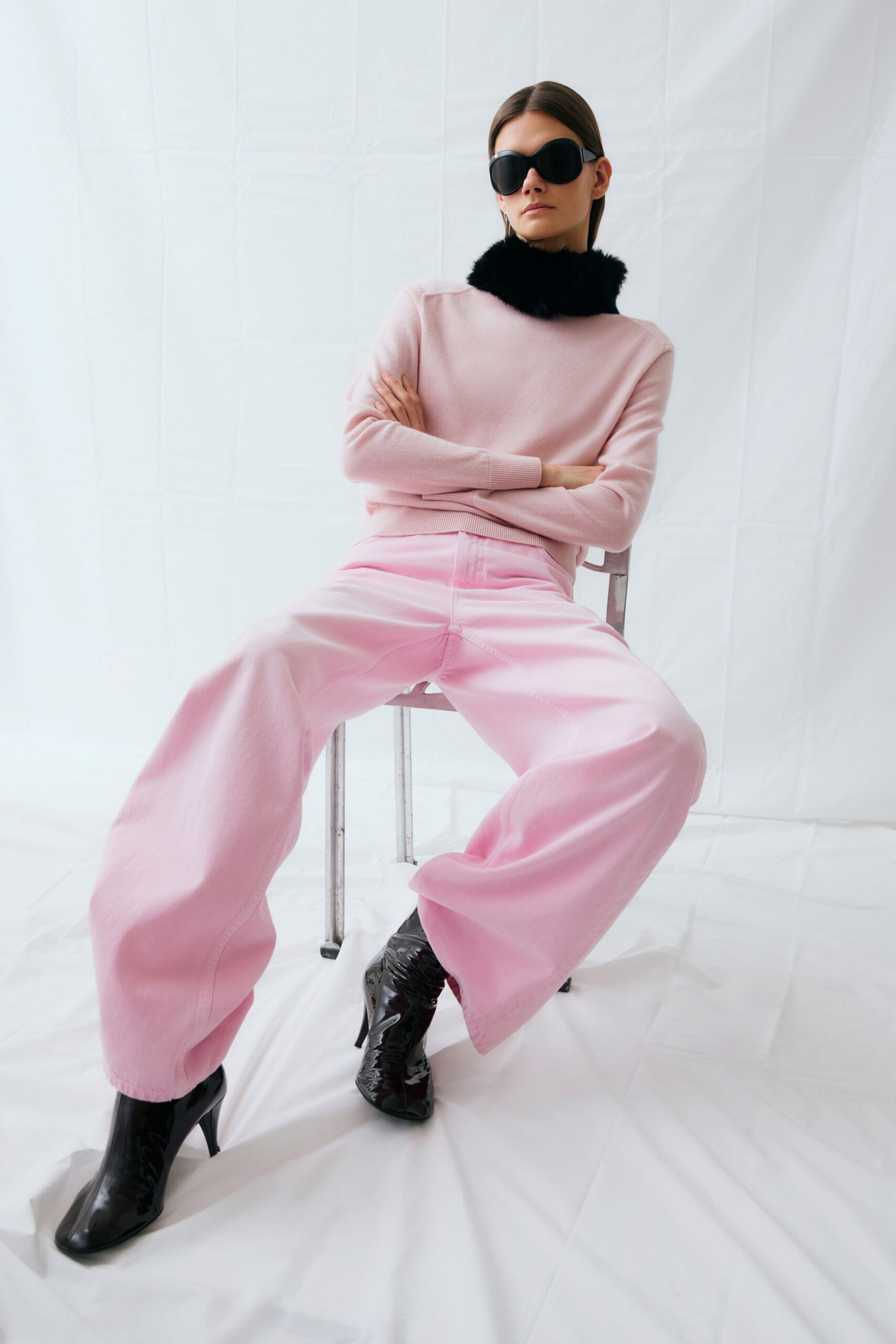pink cotton long-sleeve collared relaxed sweater