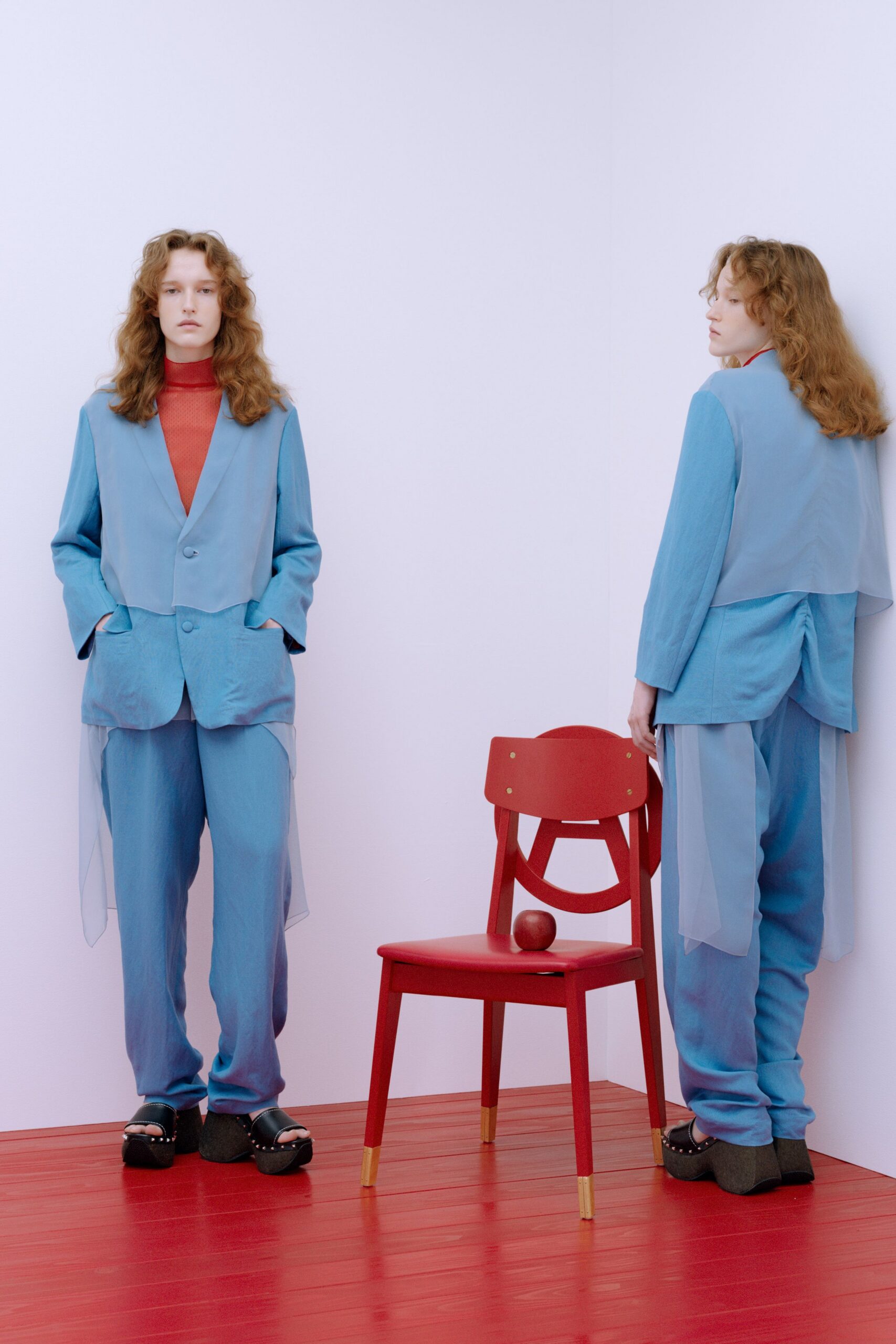 blue silk long-sleeve collared tailored layered flowing suit