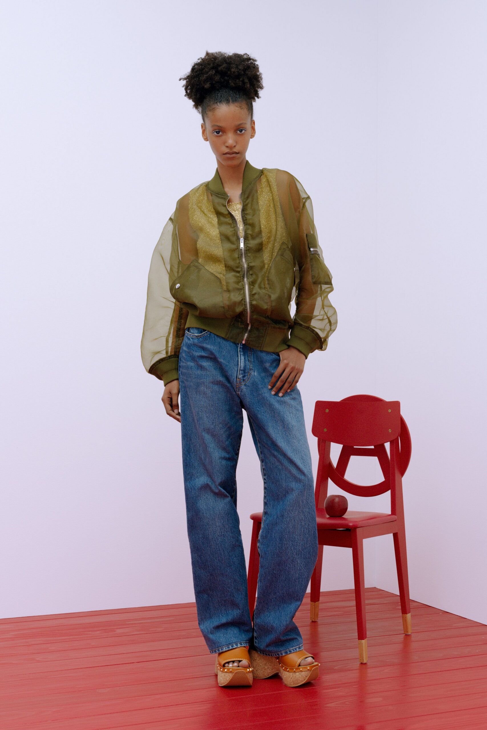 green mesh long-sleeve collared relaxed zippered sheer jacket