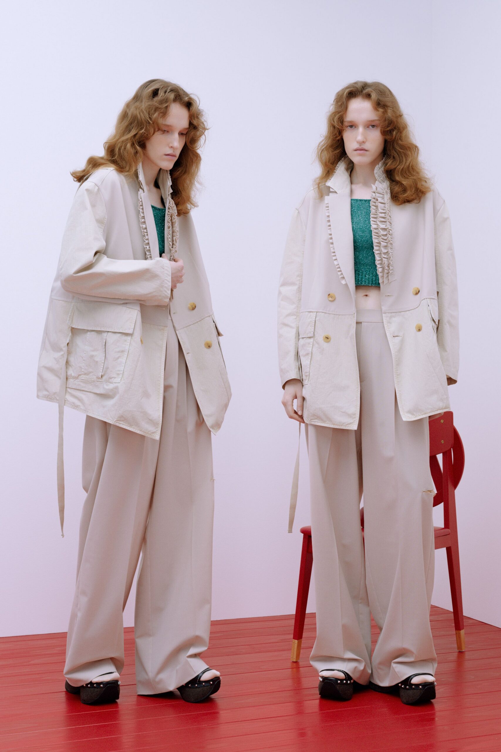 beige relaxed jacket with green top