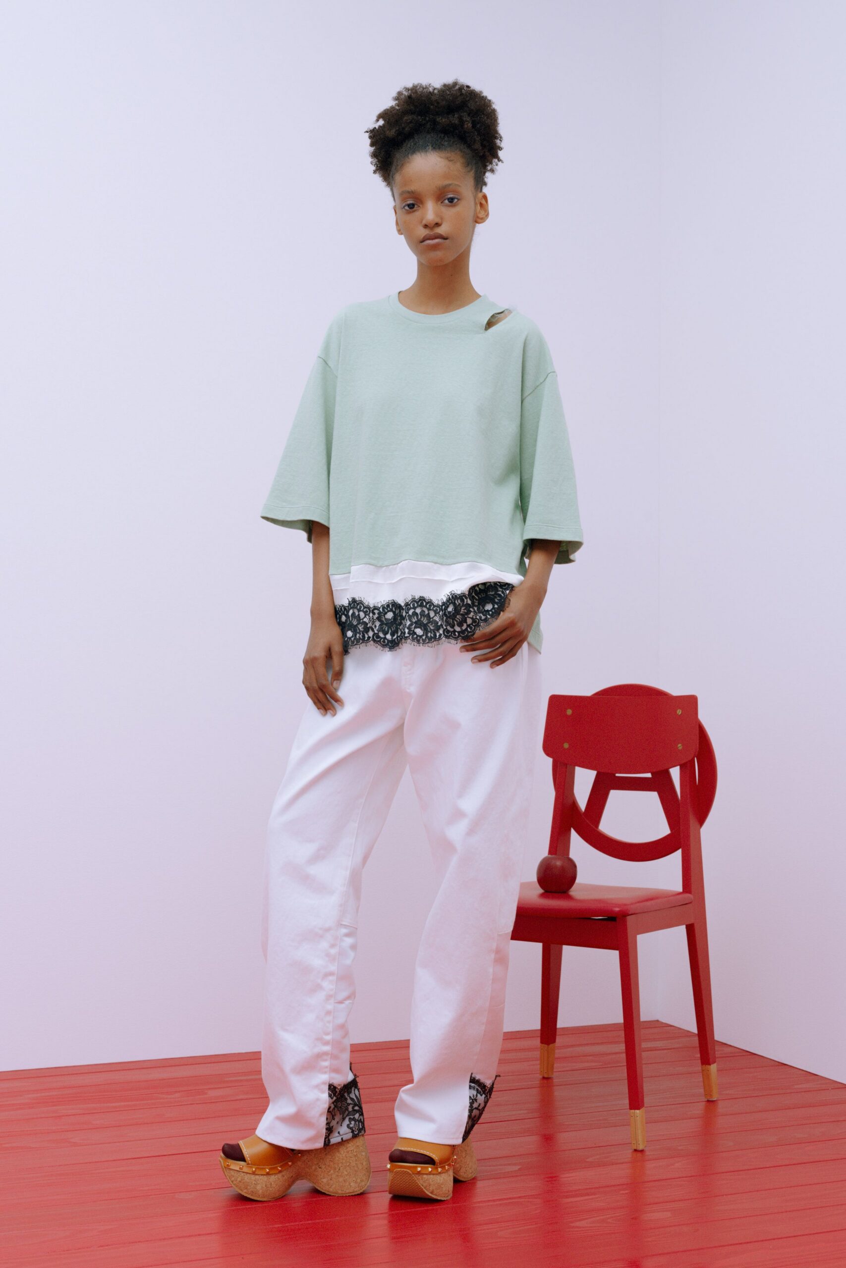 green cotton short-sleeve cutout relaxed layered top