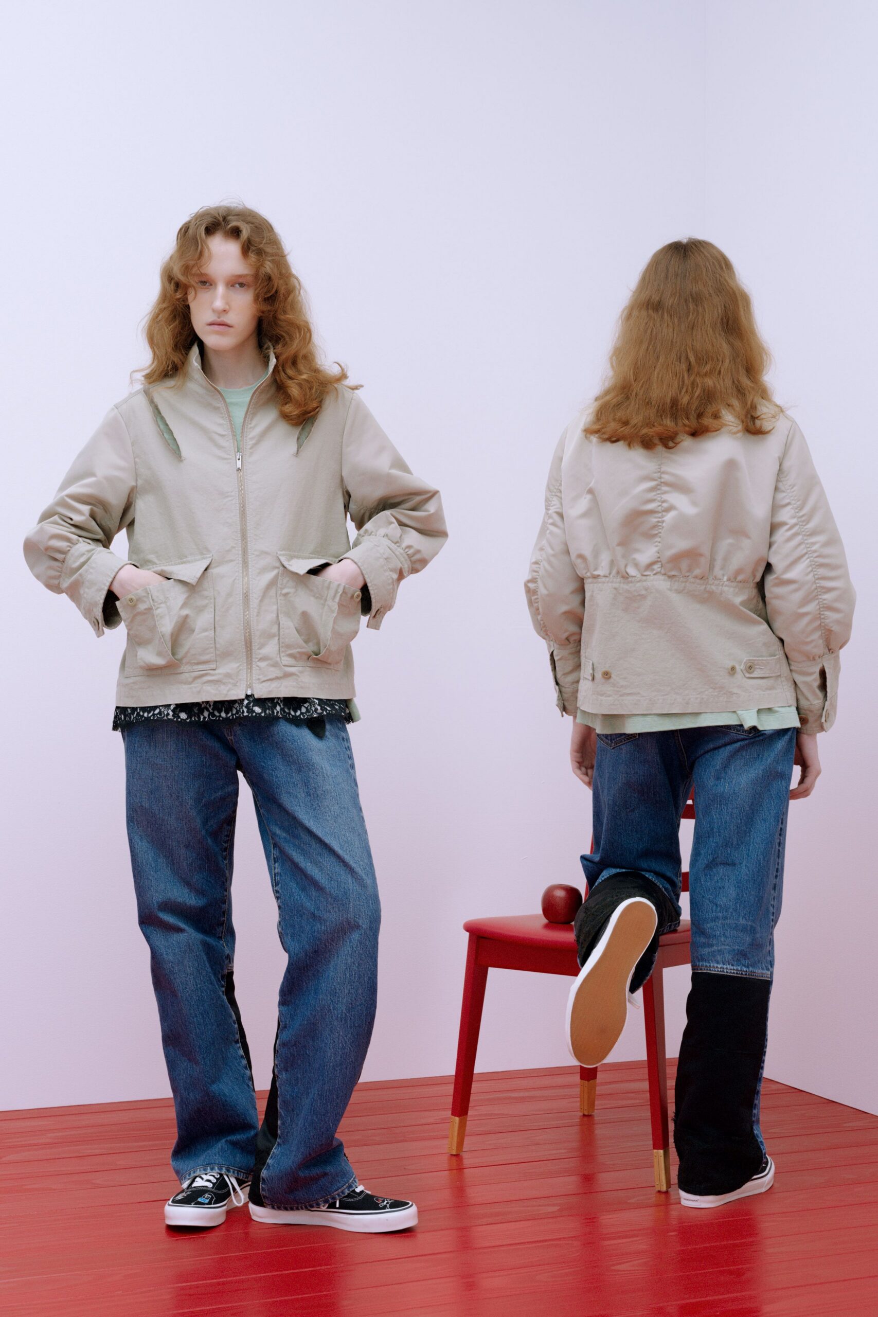 beige relaxed jacket with jeans