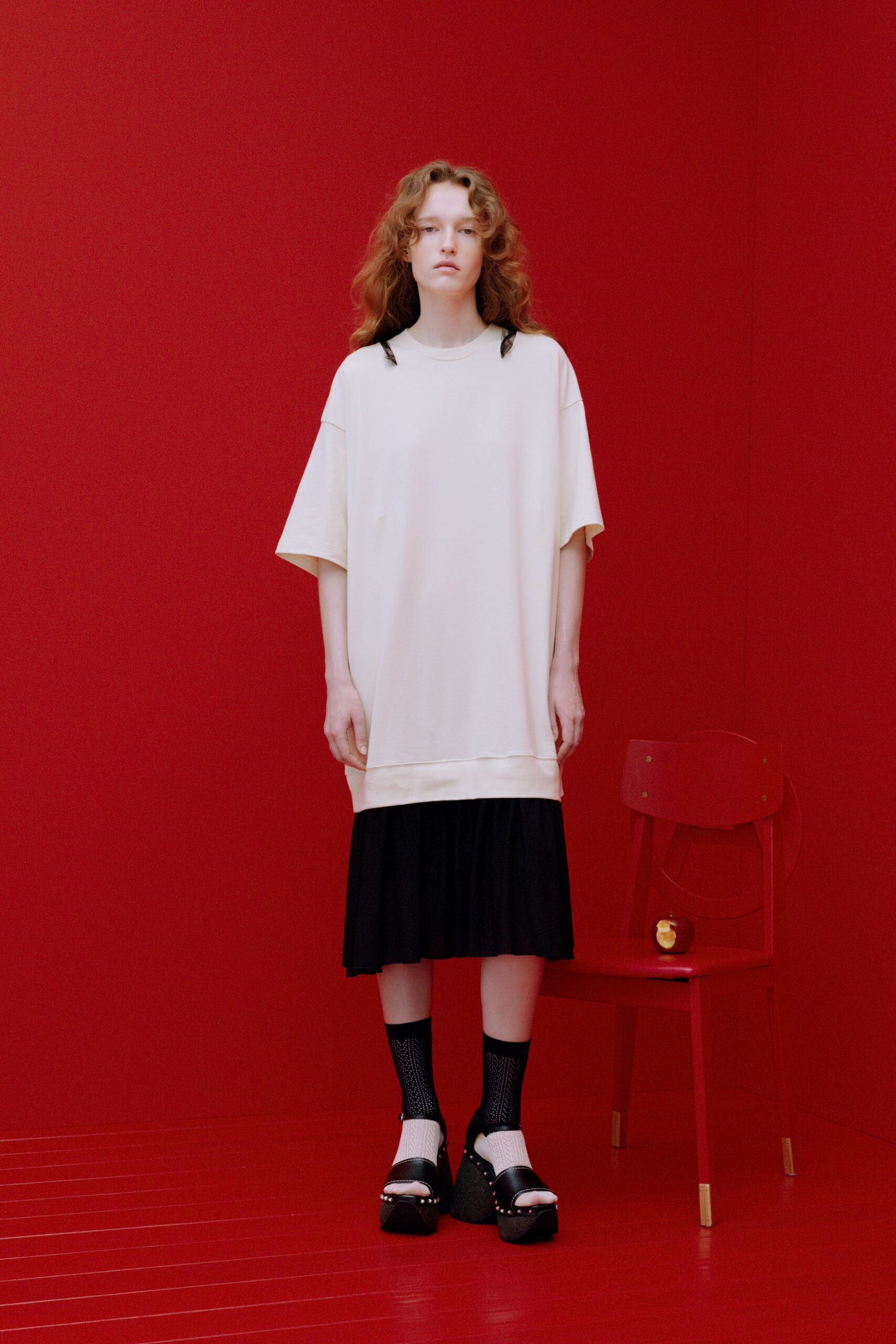 white relaxed midi dress with black shoes