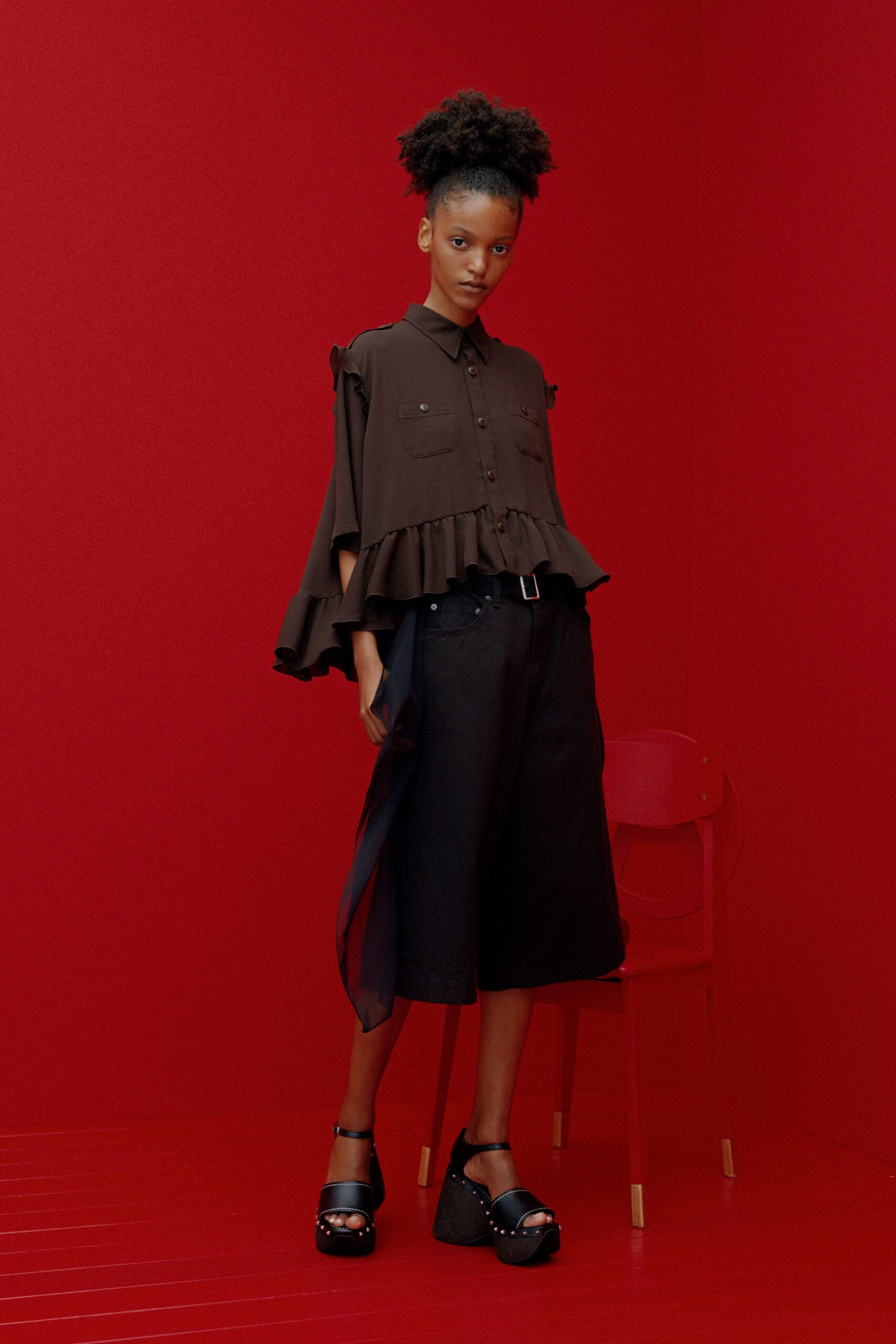 brown relaxed shirt with ruffles