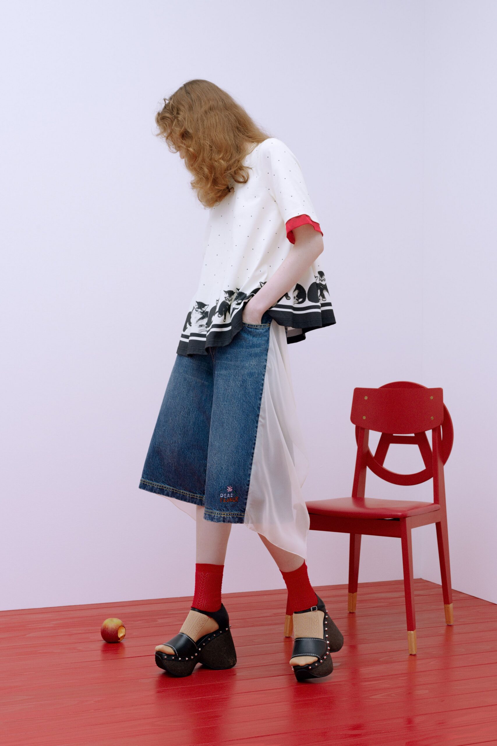 relaxed white top with denim culottes